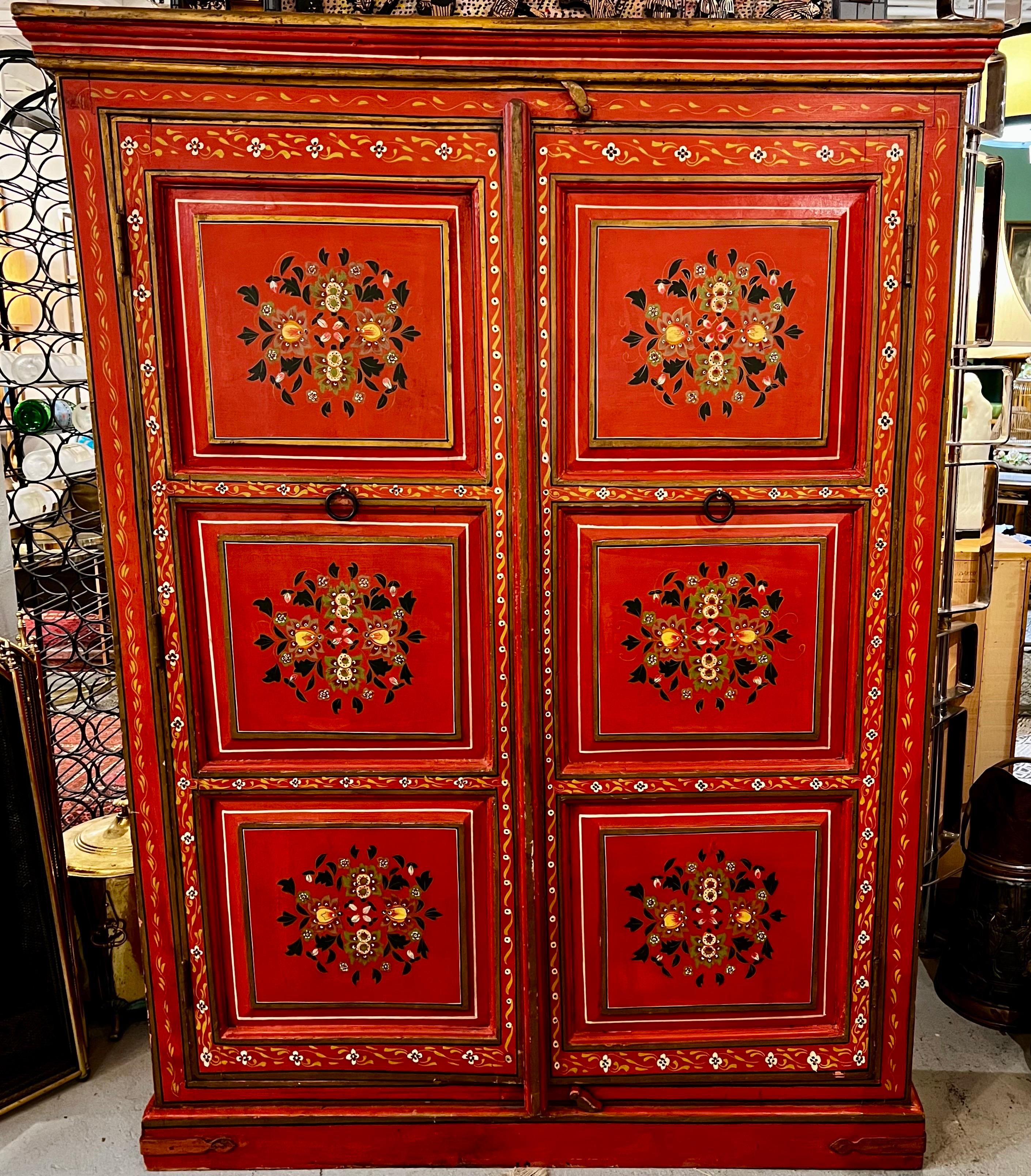 Hand Painted Red Moroccan Linen Press Armoire Cabinet Wardrobe Chest For Sale 1