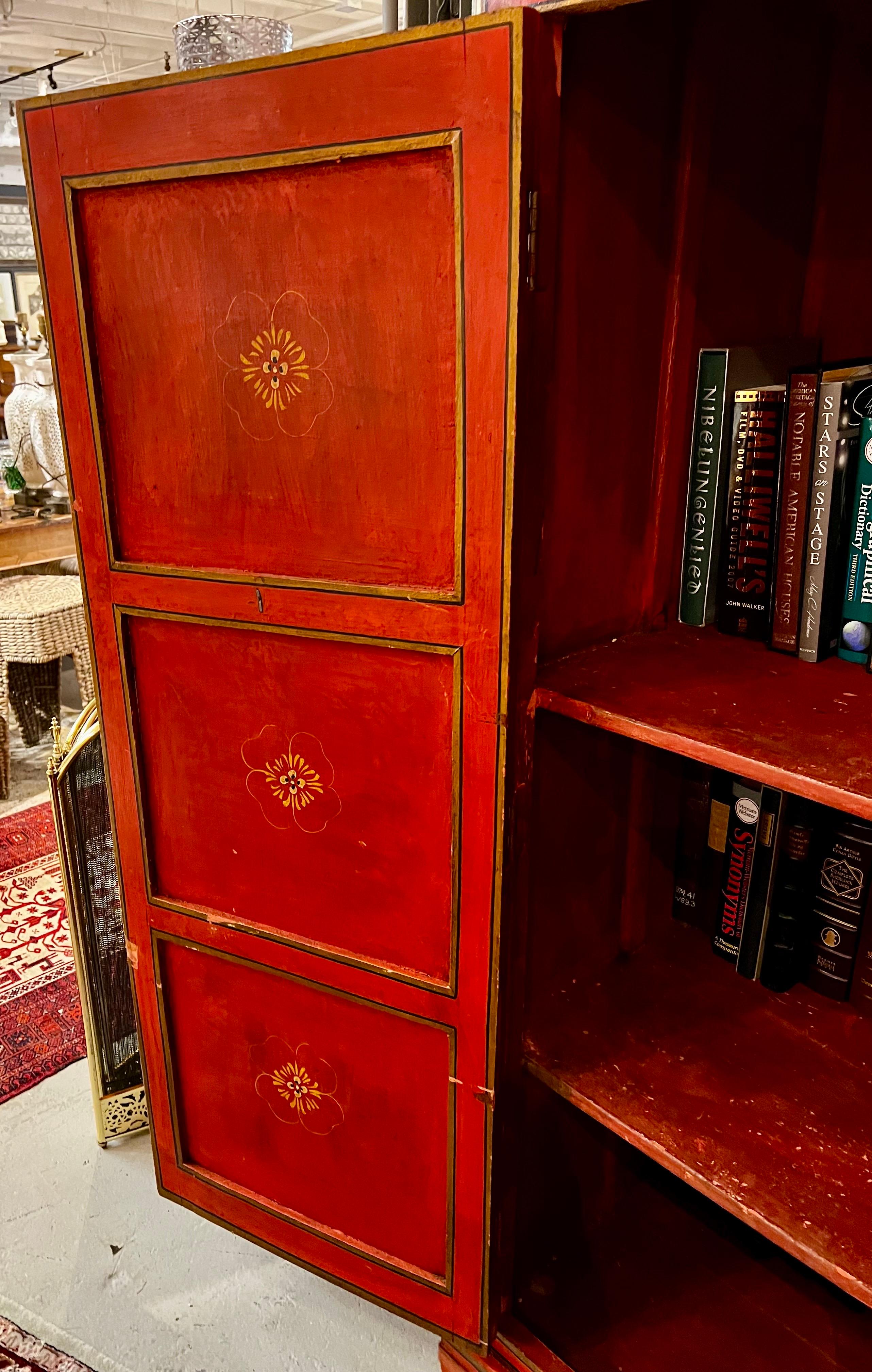 Hand Painted Red Moroccan Linen Press Armoire Cabinet Wardrobe Chest For Sale 2