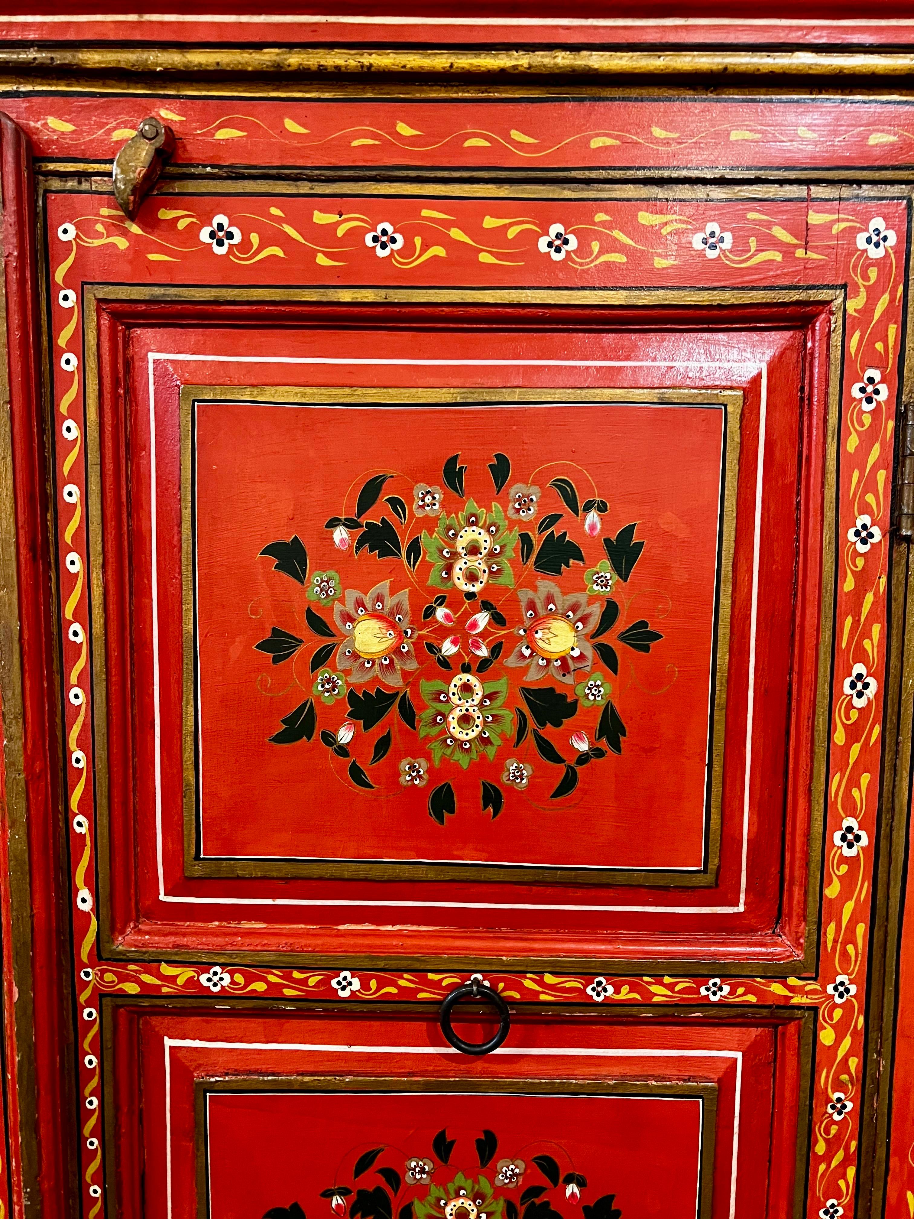 Hand Painted Red Moroccan Linen Press Armoire Cabinet Wardrobe Chest For Sale 4