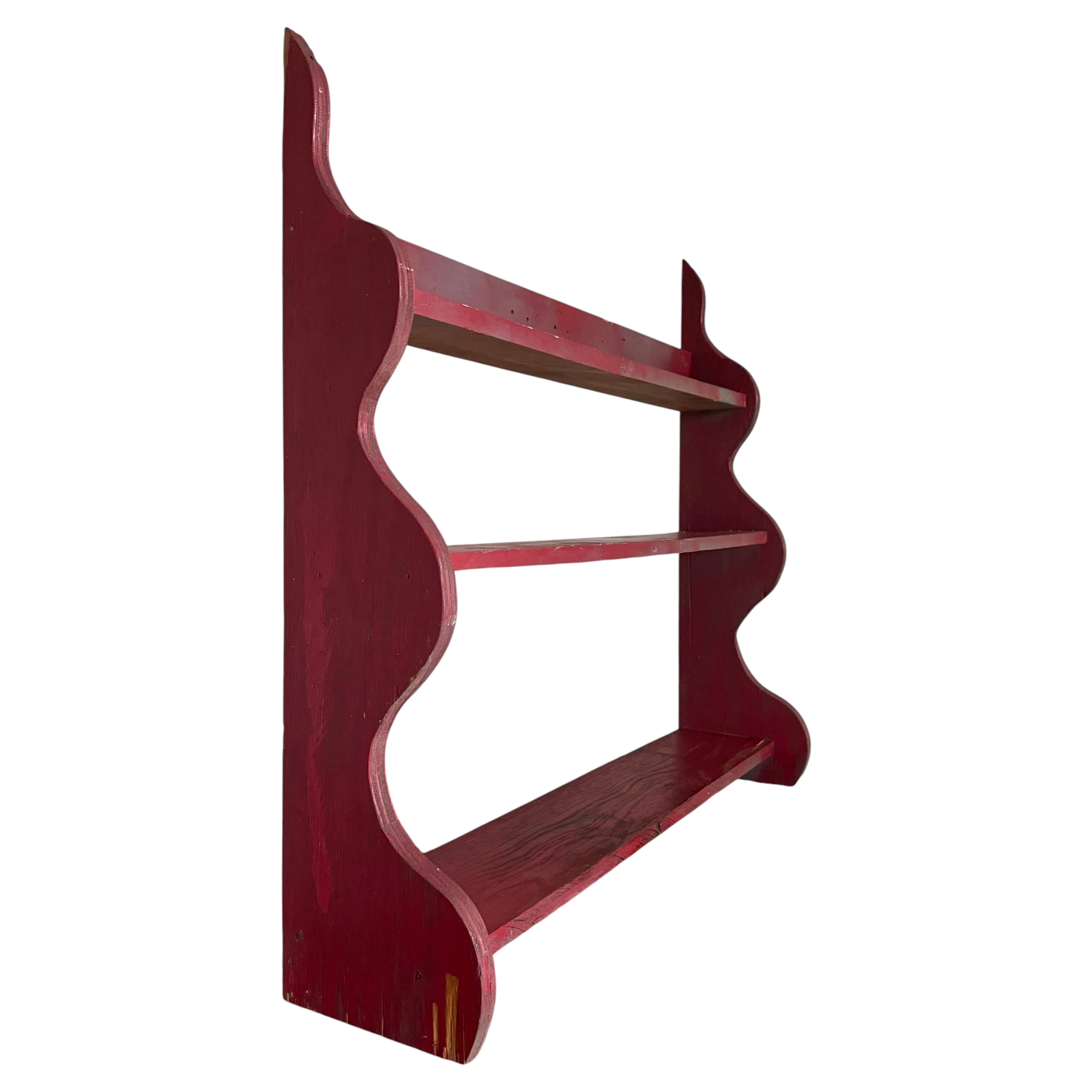 Hand-Painted Red Wood Primitive Wall Shelf, Sculptural Design, 1950s