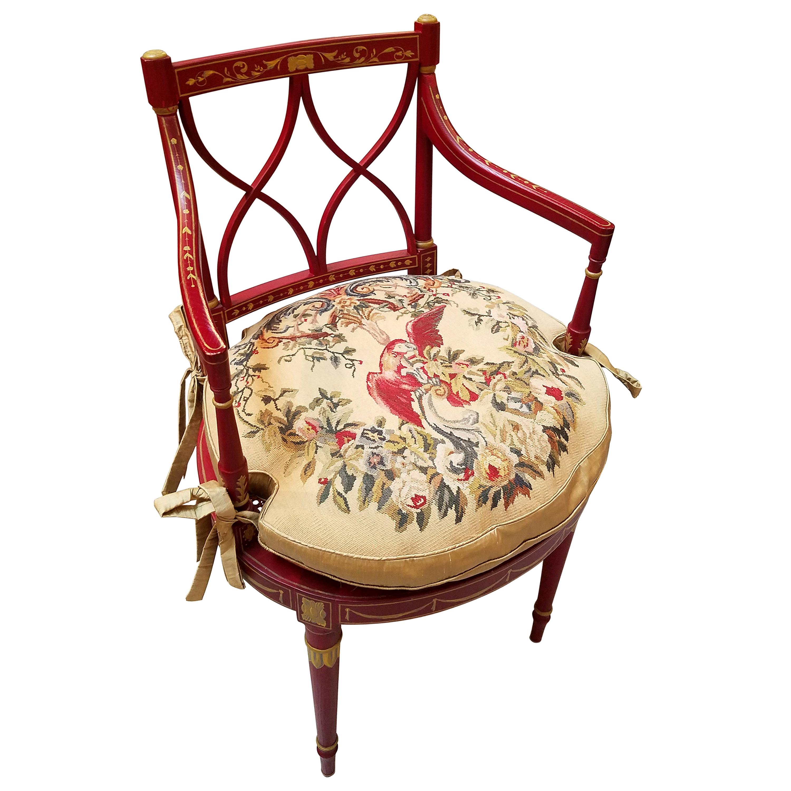 Hand Painted Regency Style Armchair with Needlepoint Seat