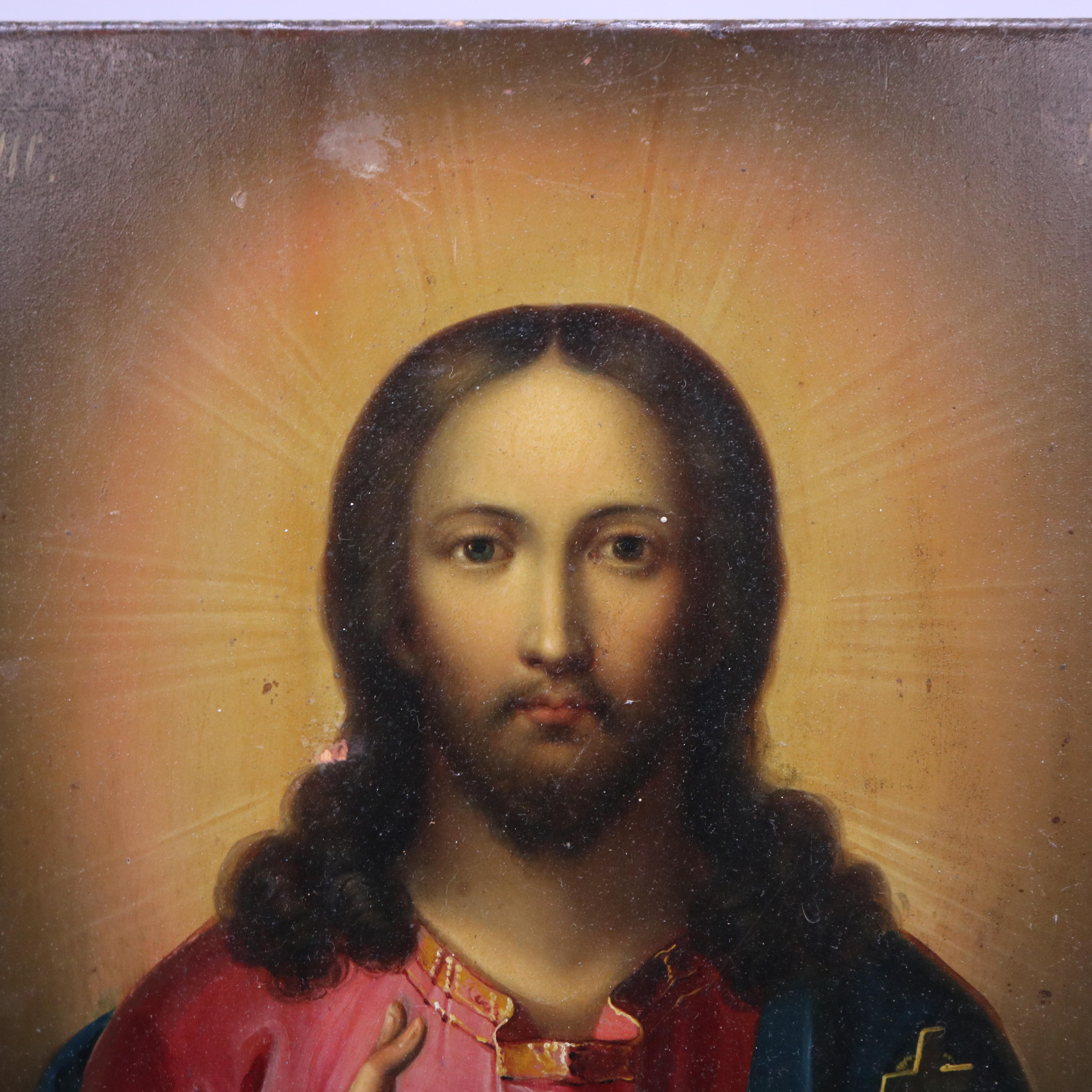 A Christian icon offers wood board with hand painted portrait of Jesus Christ, upper left signed JNC as photographed, 20th century

Measures - 10.5''H x 8.75''W x .75''D.