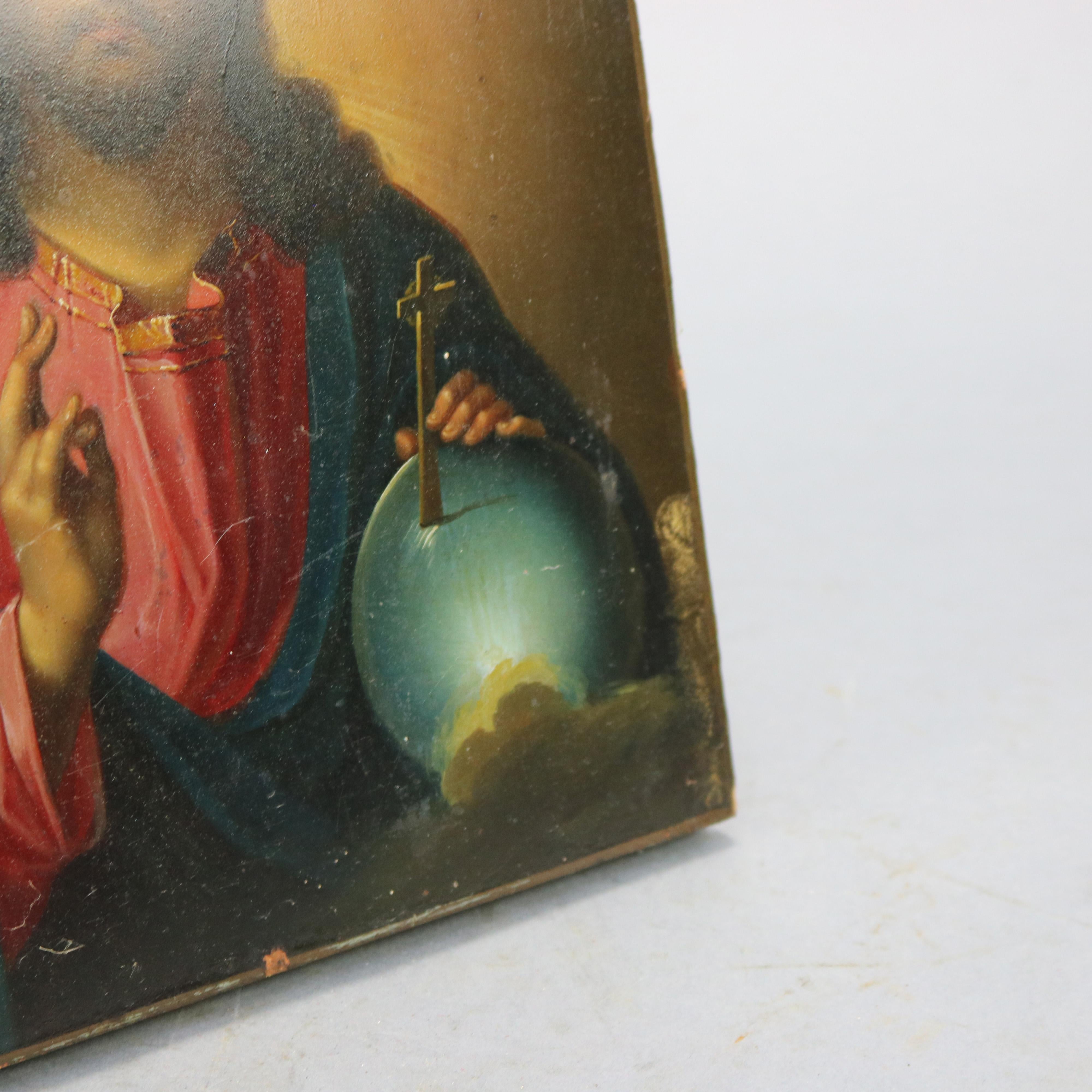 Hand-Painted Hand Painted Religious Icon of Jesus on Wood Board, Signed JNC,  20th C