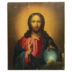 Hand Painted Religious Icon of Jesus on Wood Board, Signed JNC,  20th C