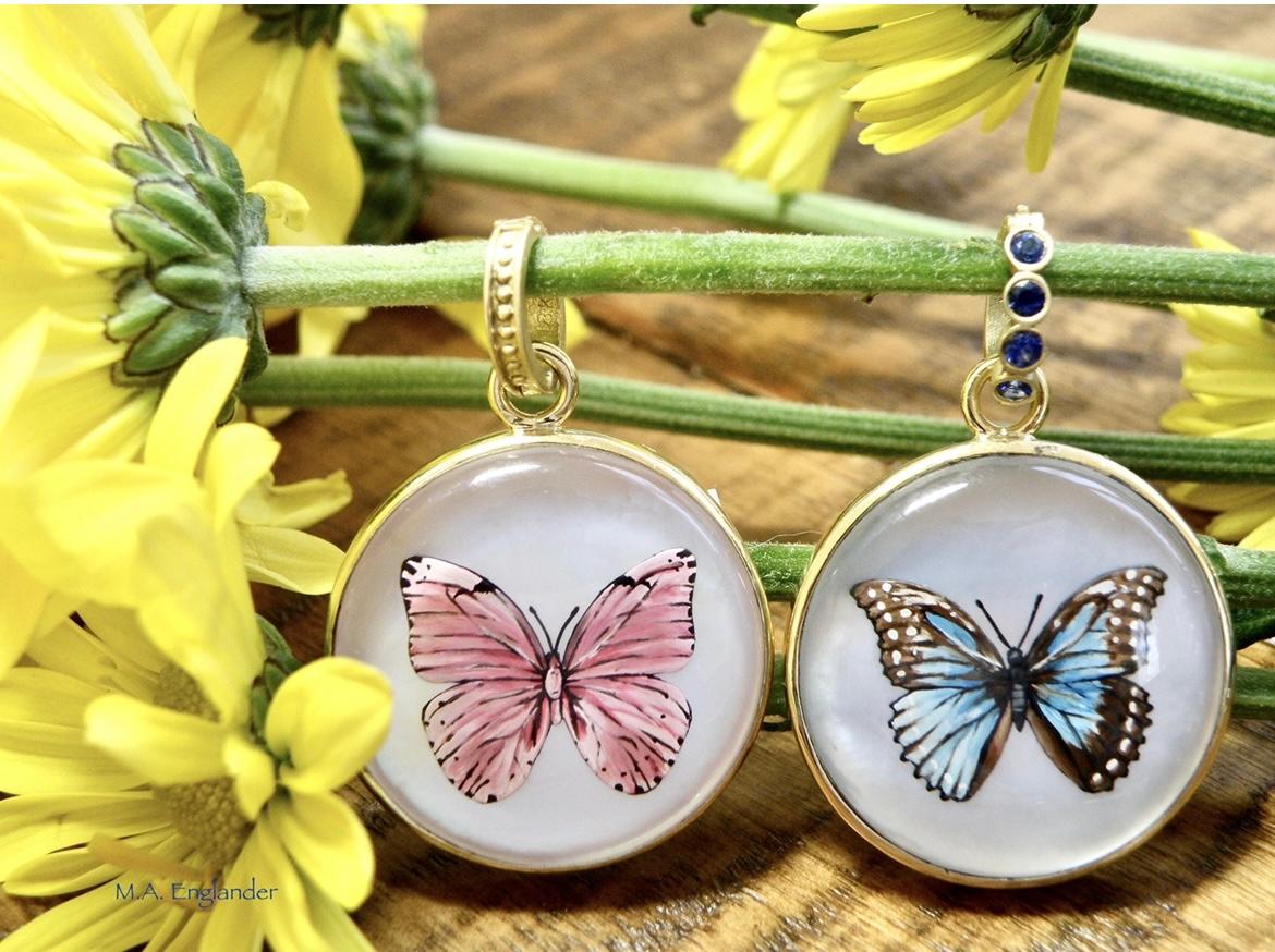 Contemporary 18k Springtime pink handpainted butterfly reverse crystal pendant w sapphire bai