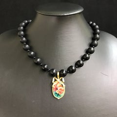 Hand Painted Rose Porcelain 18 Karat Diamond Bow Pendant