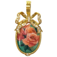 Hand Painted Rose Porcelain 18 Karat Diamond Bow Pendant