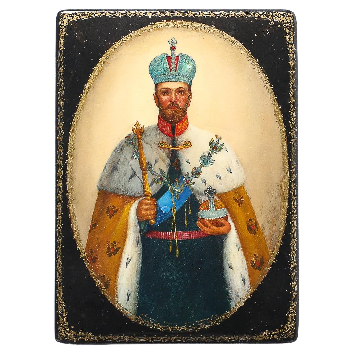 Hand-Painted Russian Box of Tsar Nicholas II with Vermillion Red Interior For Sale
