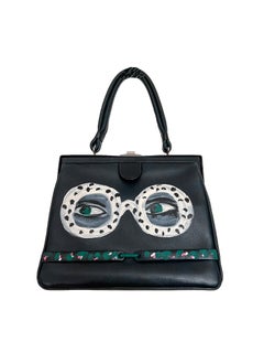 Hand-Painted "SAFARI" 1960s Artist Up-Cycled Dark Blue Leather Top-Handle Bag