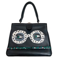 Hand-Painted "SAFARI" 1960s Artist Up-Cycled Dark Blue Leather Top-Handle Bag