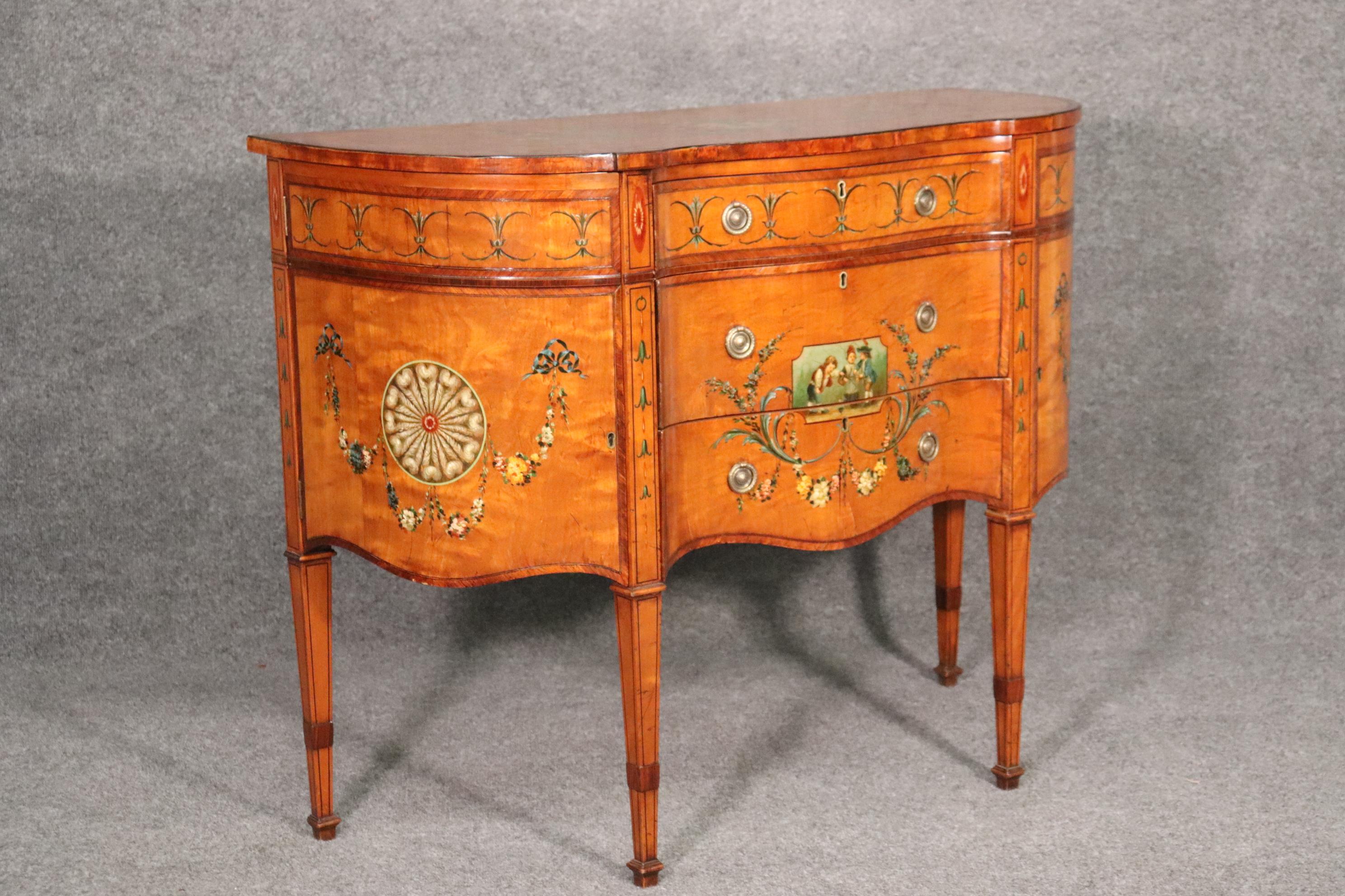 Early 20th Century Hand Painted Satinwood English Adams Style Sideboard Buffet Server Circa 1920s
