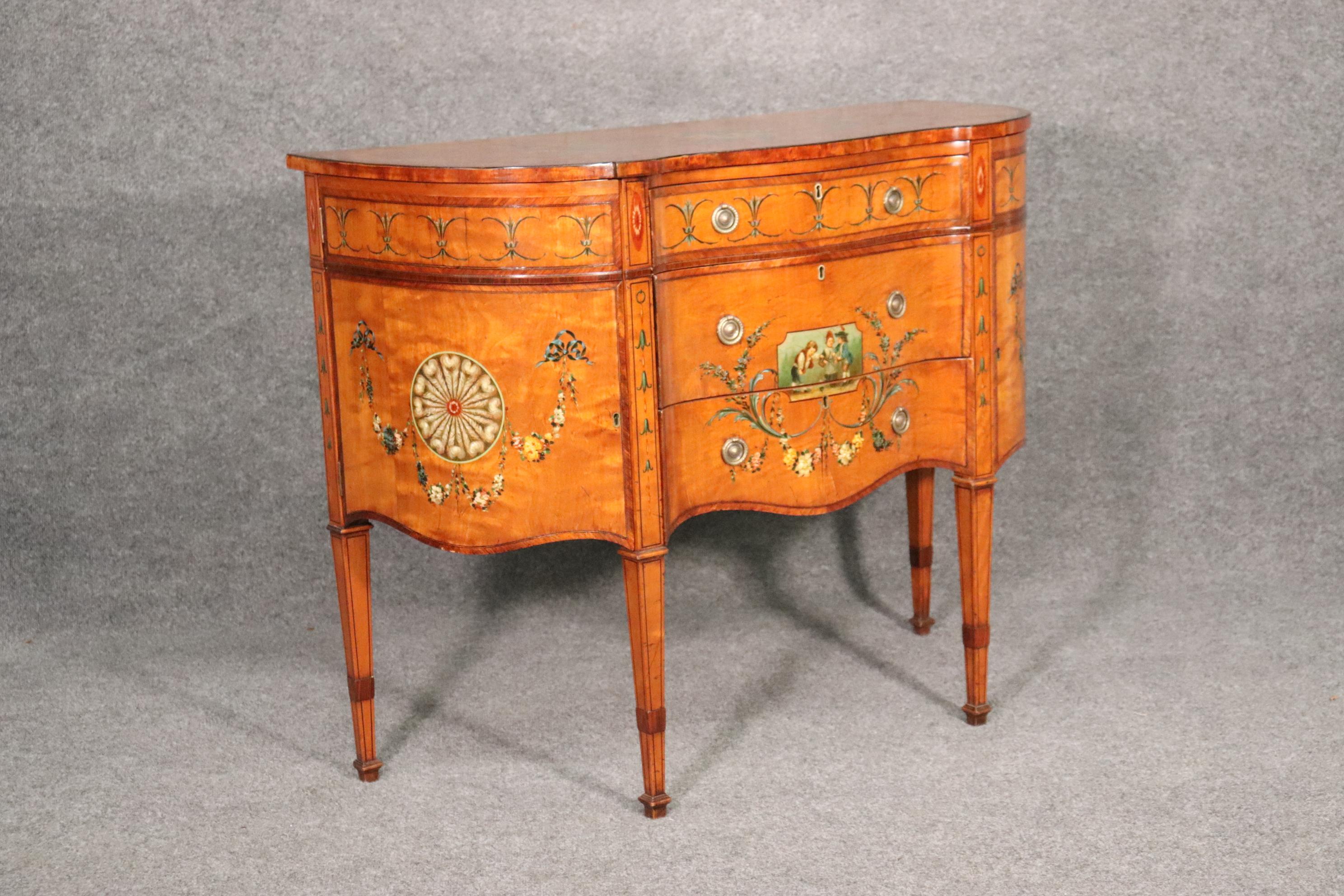 Hand Painted Satinwood English Adams Style Sideboard Buffet Server Circa 1920s 2