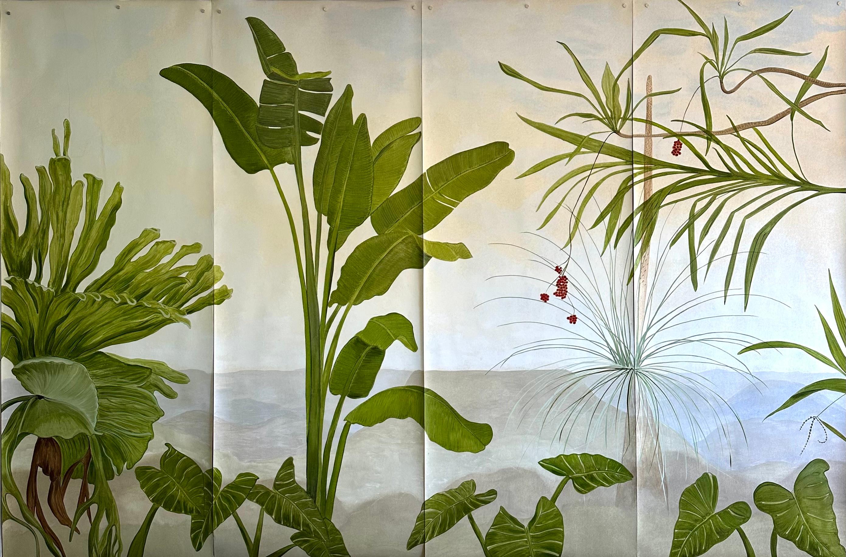 Questi scenografici pannelli di carta da parati dipinti a mano sono stati disegnati a partire dal paesaggio e dal giardino di Toowoomba dell'artista Tarn McLean. Questi pannelli di carta da parati dipinti a mano mostrano quattro gocce del progetto