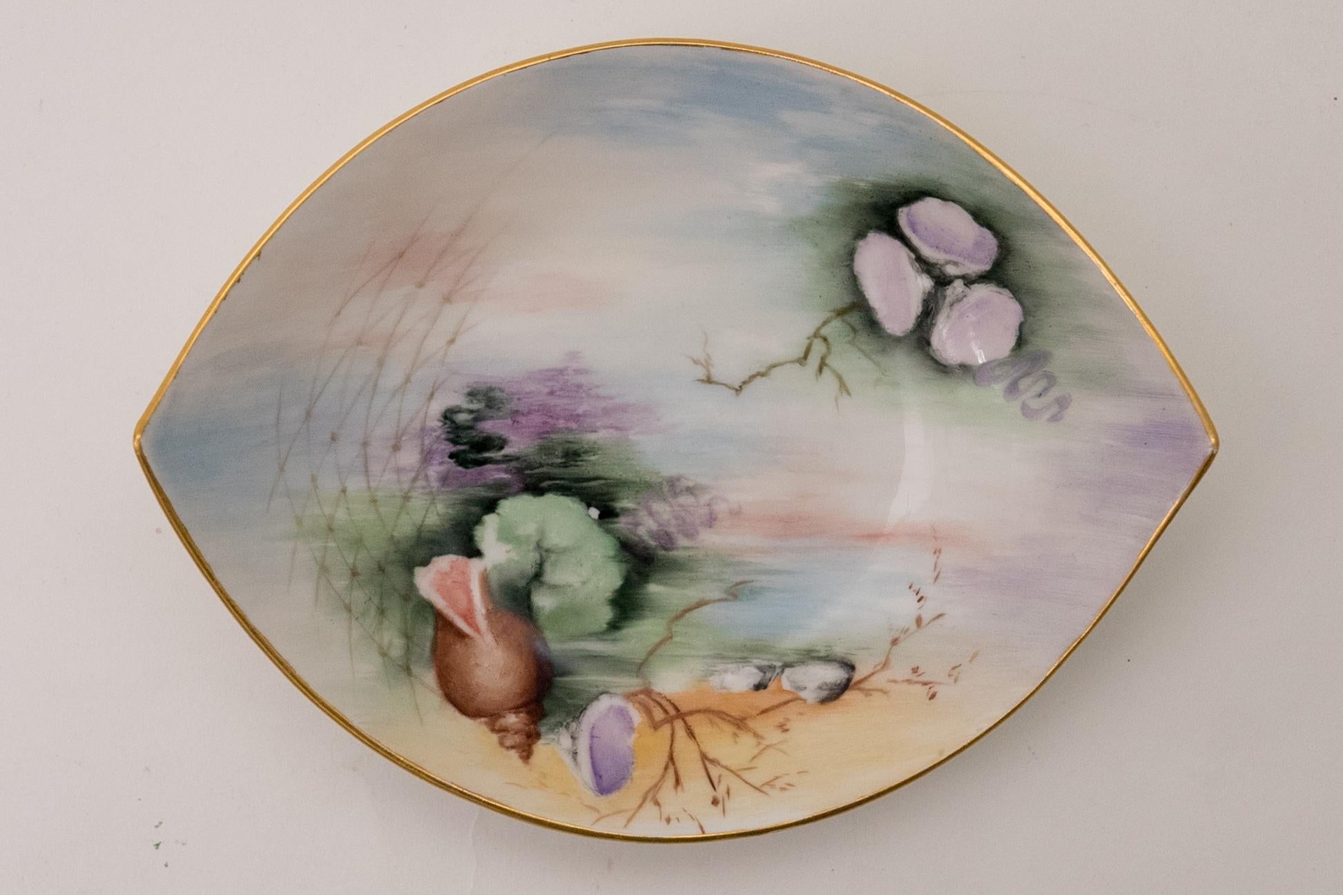 German Hand Painted Sea Shell 2 Part Sauce Server, Antique Bavarian Artist Signed For Sale