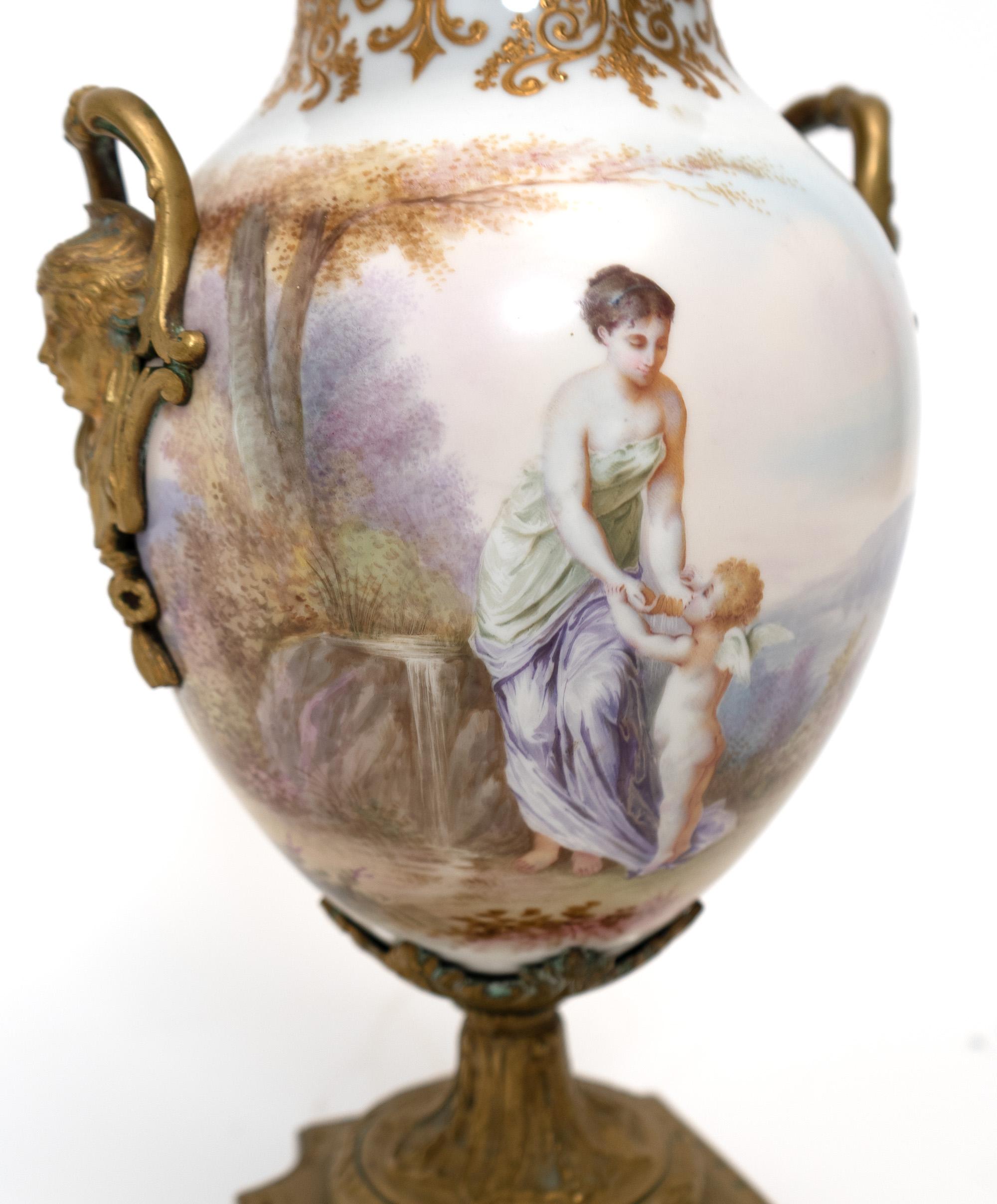 European Hand-Painted Sèvres Porcelain Urn with Lid For Sale