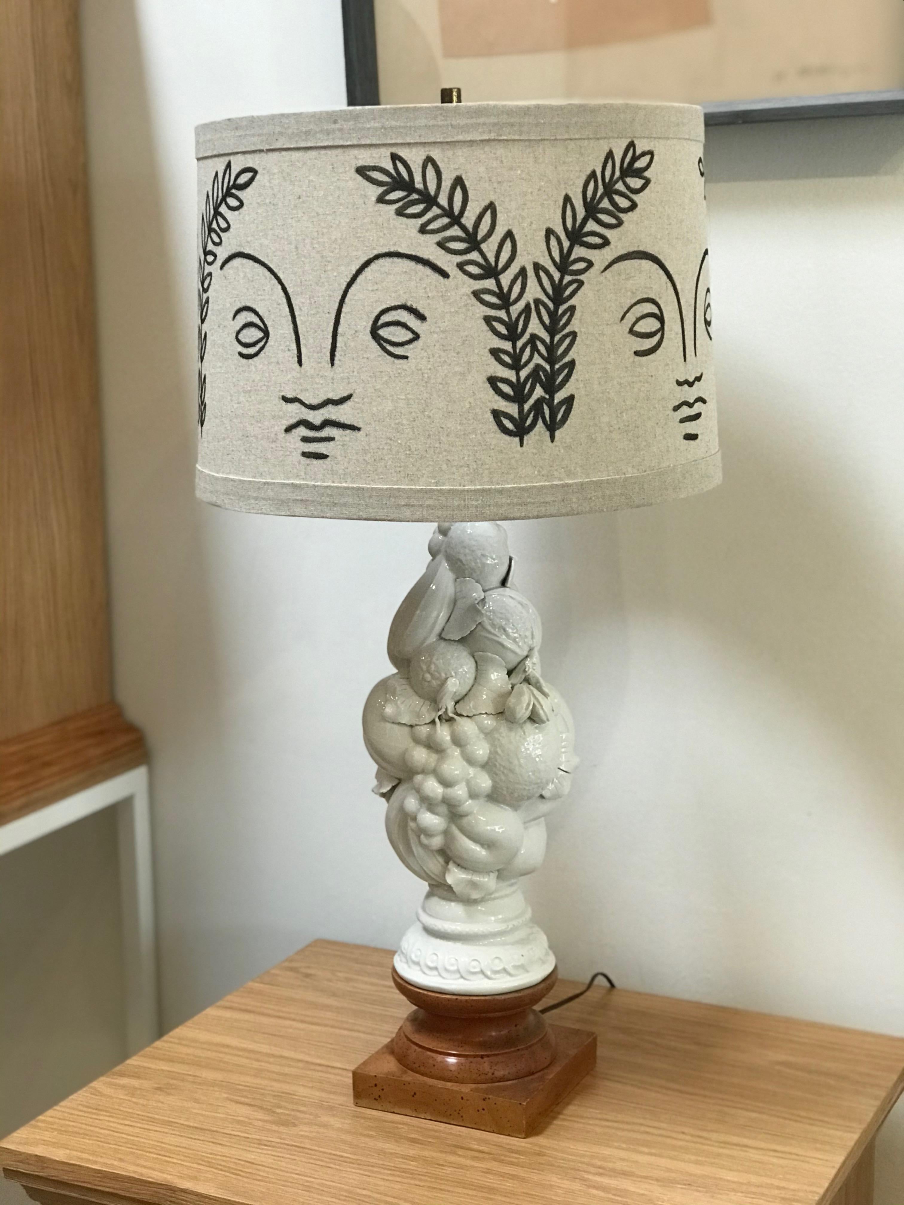 Italian Hand Painted Shade by RF. Alvarez on 1970s Blanc De Chine Topiary Table Lamp