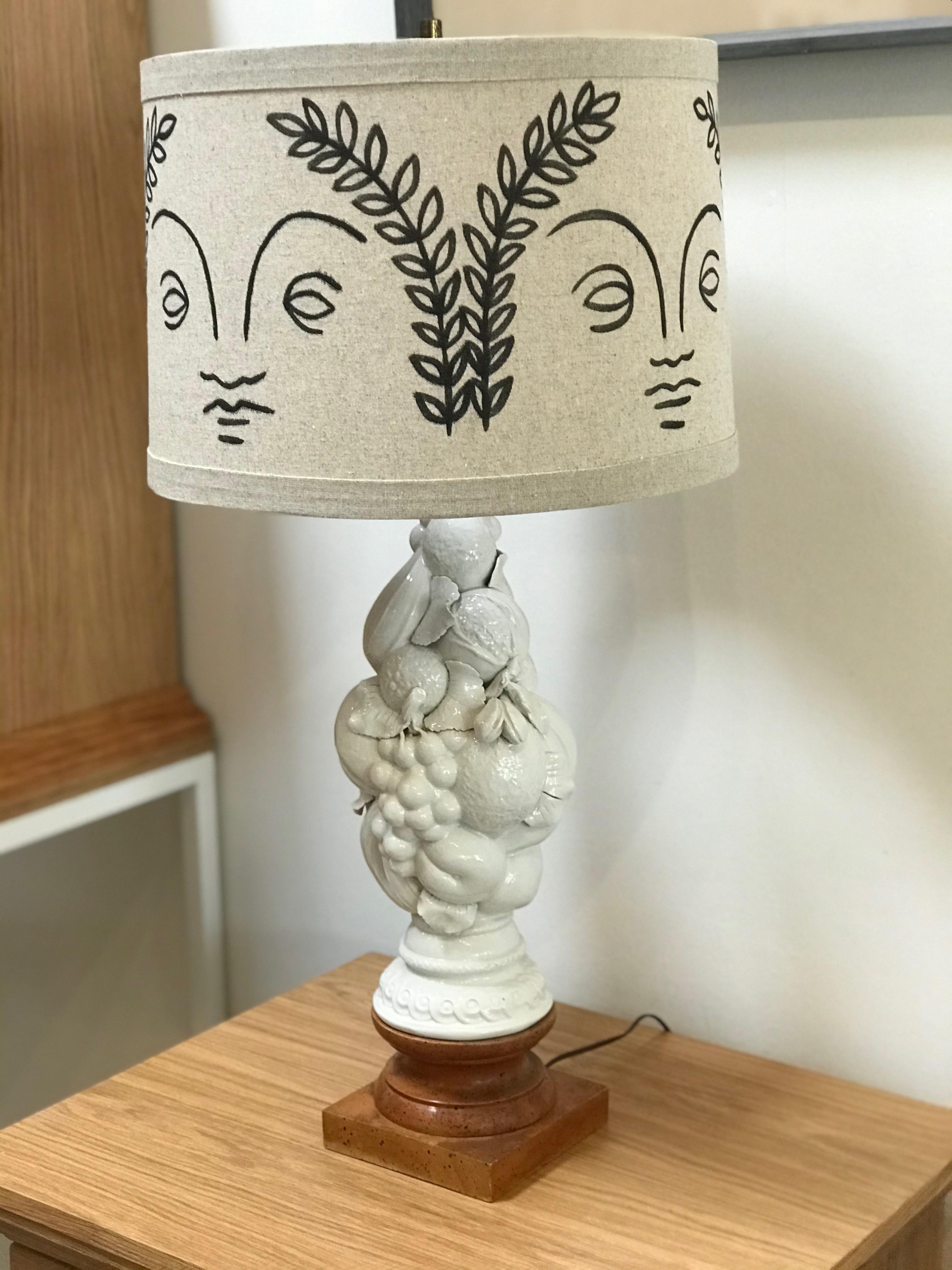 Hand Painted Shade by RF. Alvarez on 1970s Blanc De Chine Topiary Table Lamp In Good Condition In Los Angeles, CA