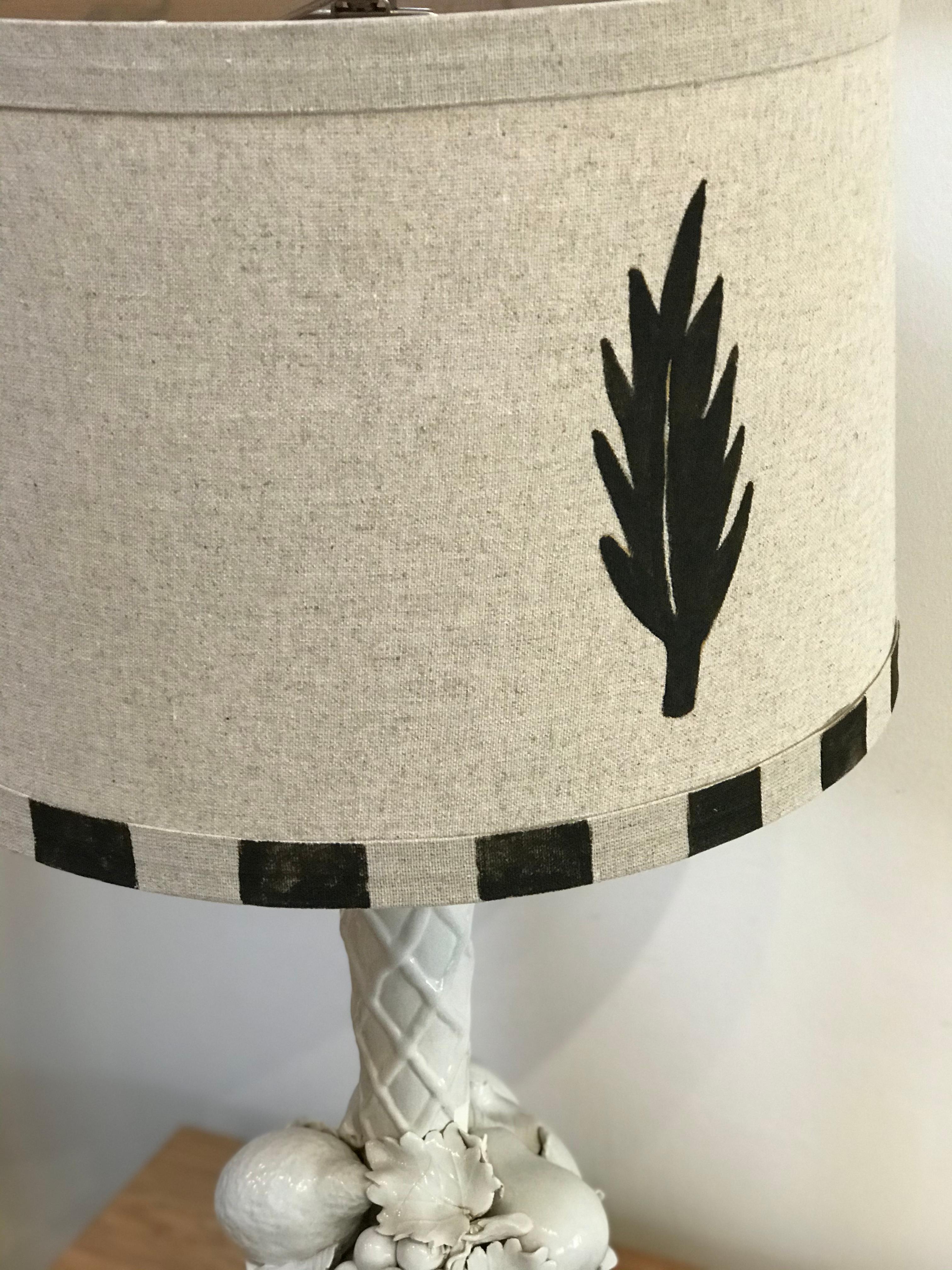20th Century Hand Painted Shade by RF. Alvarez on 1970s Blanc De Chine Topiary Table Lamp 