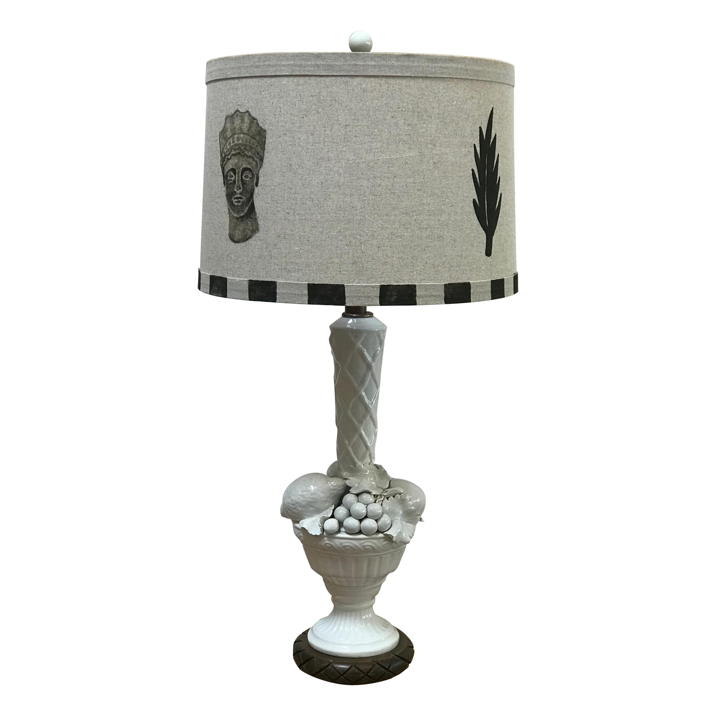 Hand Painted Shade by RF. Alvarez on 1970s Blanc De Chine Topiary Table Lamp 