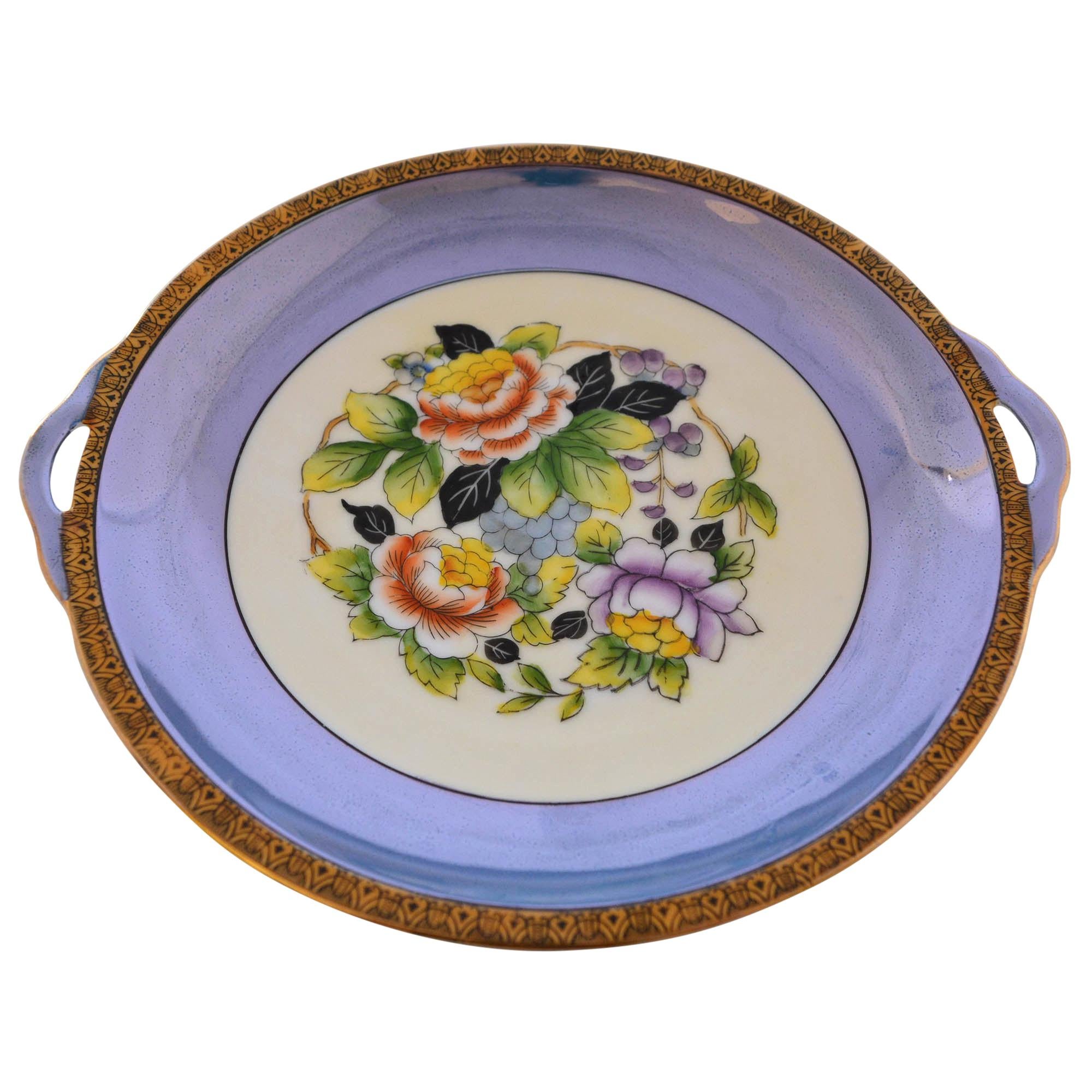 Hand Painted Shallow Noritake Blue Bowl Floral Center Design