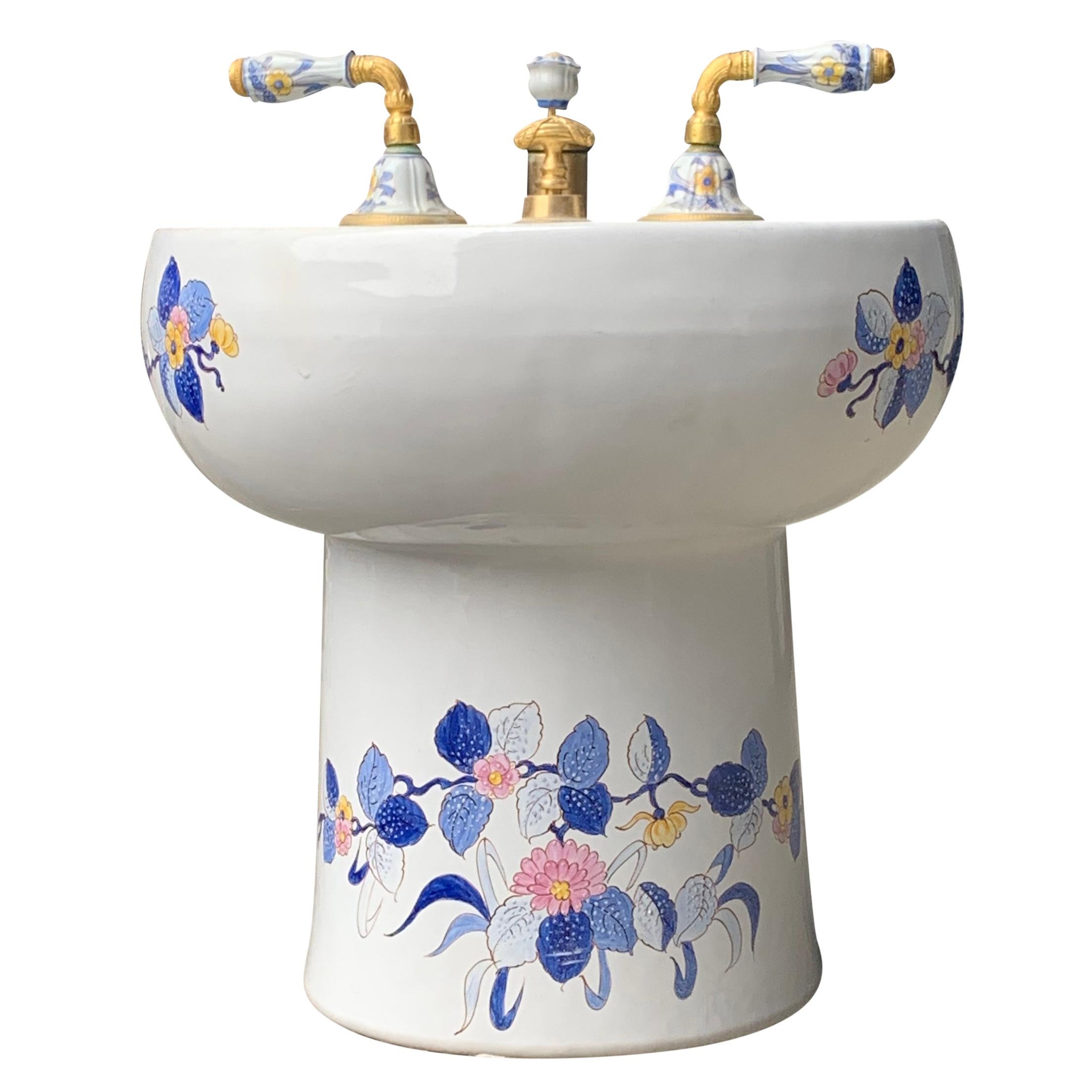 Hand Painted Sherle Wagner Porcelain Chinoiserie ‘Blue Mum’ Bidet Water Closet