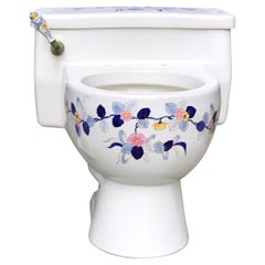 Hand Painted Sherle Wagner Porcelain Chinoiserie ‘Blue Mum’ Toilet Water Closet