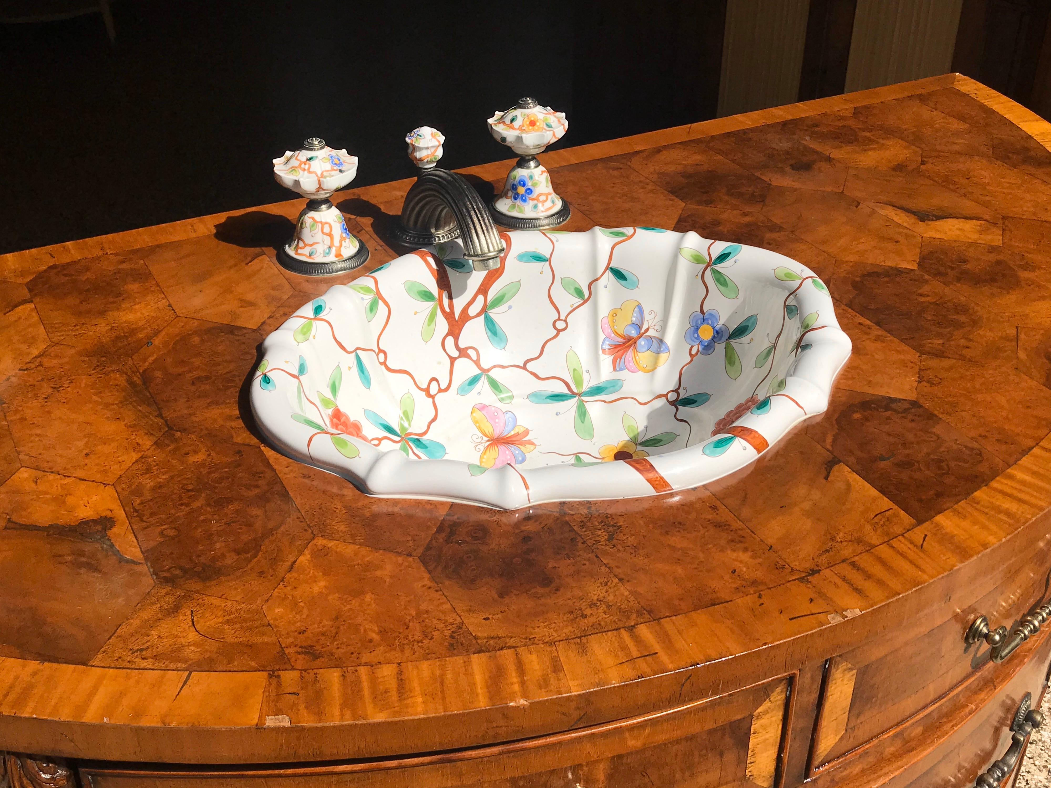 20th Century Hand Painted Sherle Wagner Sink in an Antique Demilune Console