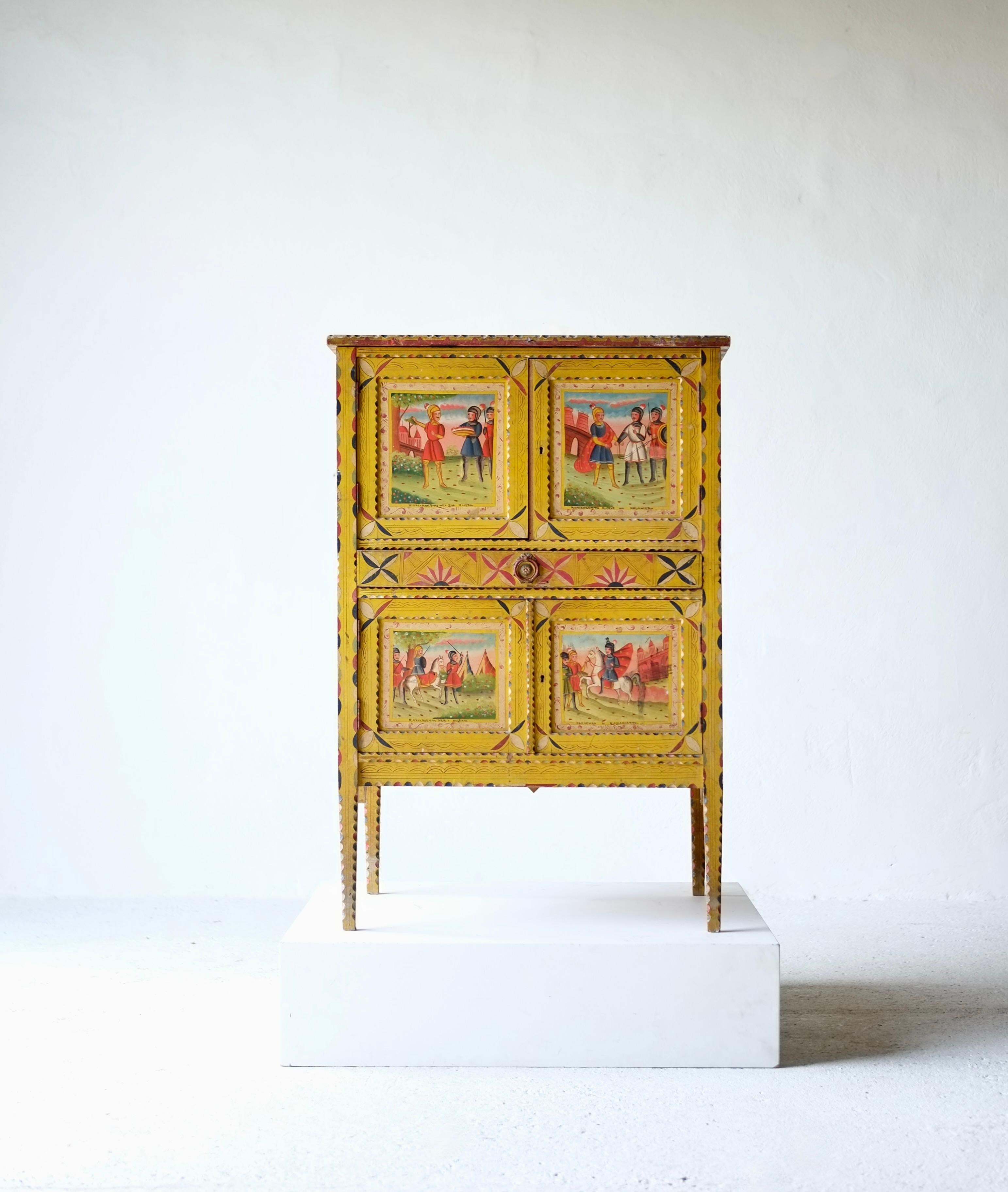 A  hand painted Sicilian folk art cabinet. 

Produced around the late 19th century / early 20th century.

Featuring the vibrant folkloric motifs of traditional Sicilian artisans. This style influenced the work of Sicilian architect Ernesto