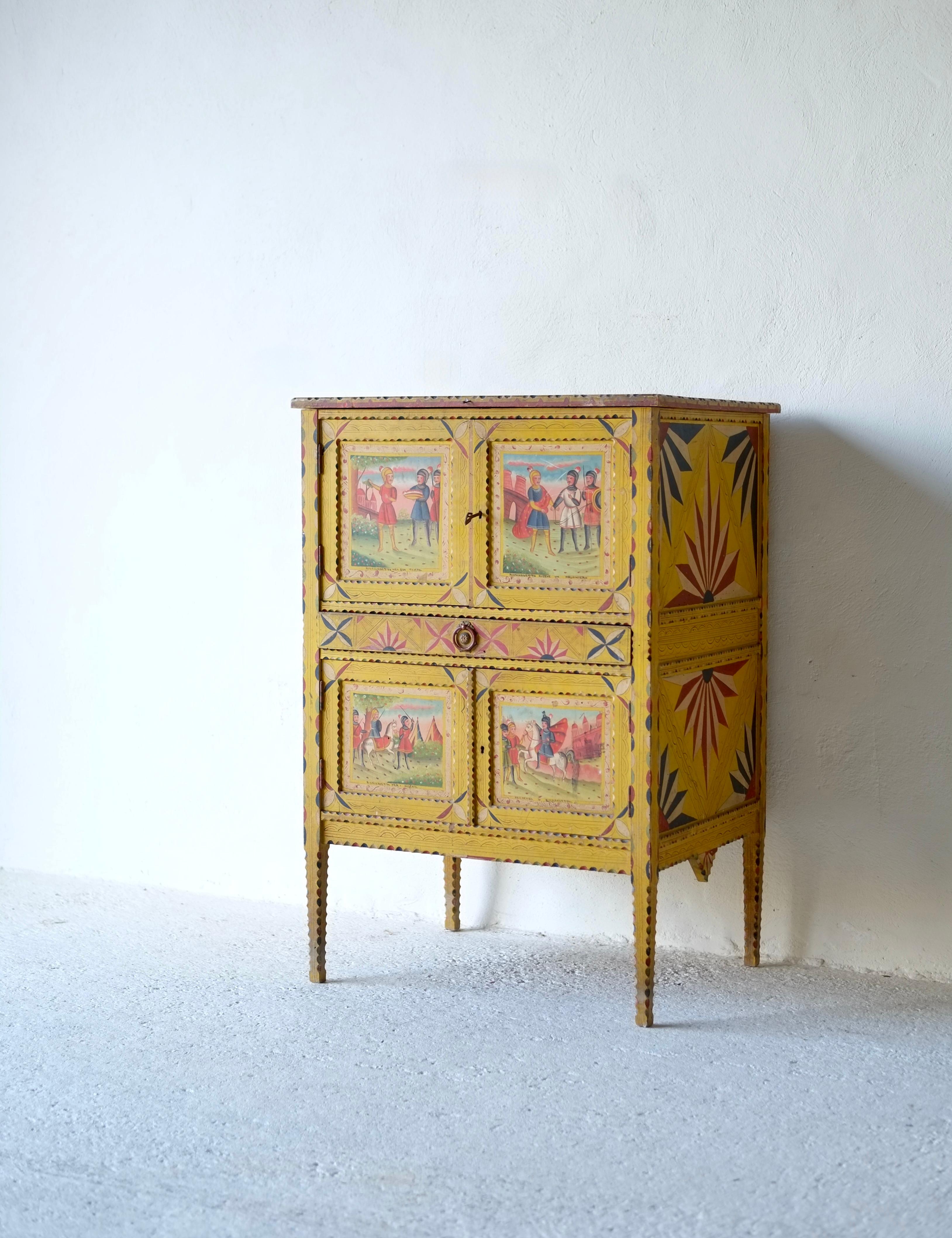 Wood Hand Painted Sicilian Folk Art Cabinet, Circa 1900 For Sale