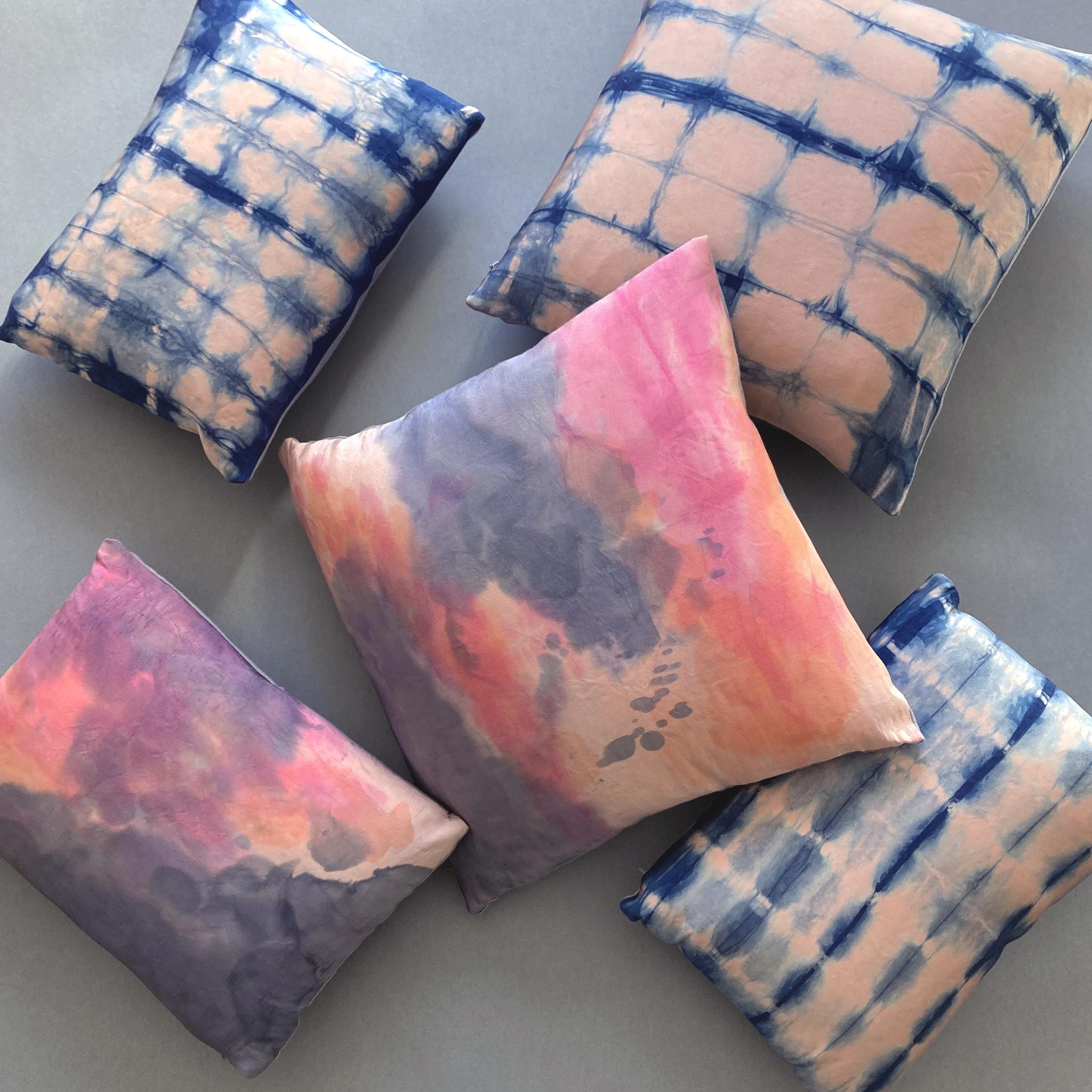 Blush silk faille pillow dyed with magenta, orange and gray in an abstract pattern with gray linen backing. Hand-painted and sewn in New York City, down pillow insert made locally in NYC. Pillow measures 18 x 18 inches. Each silk pillow is handmade