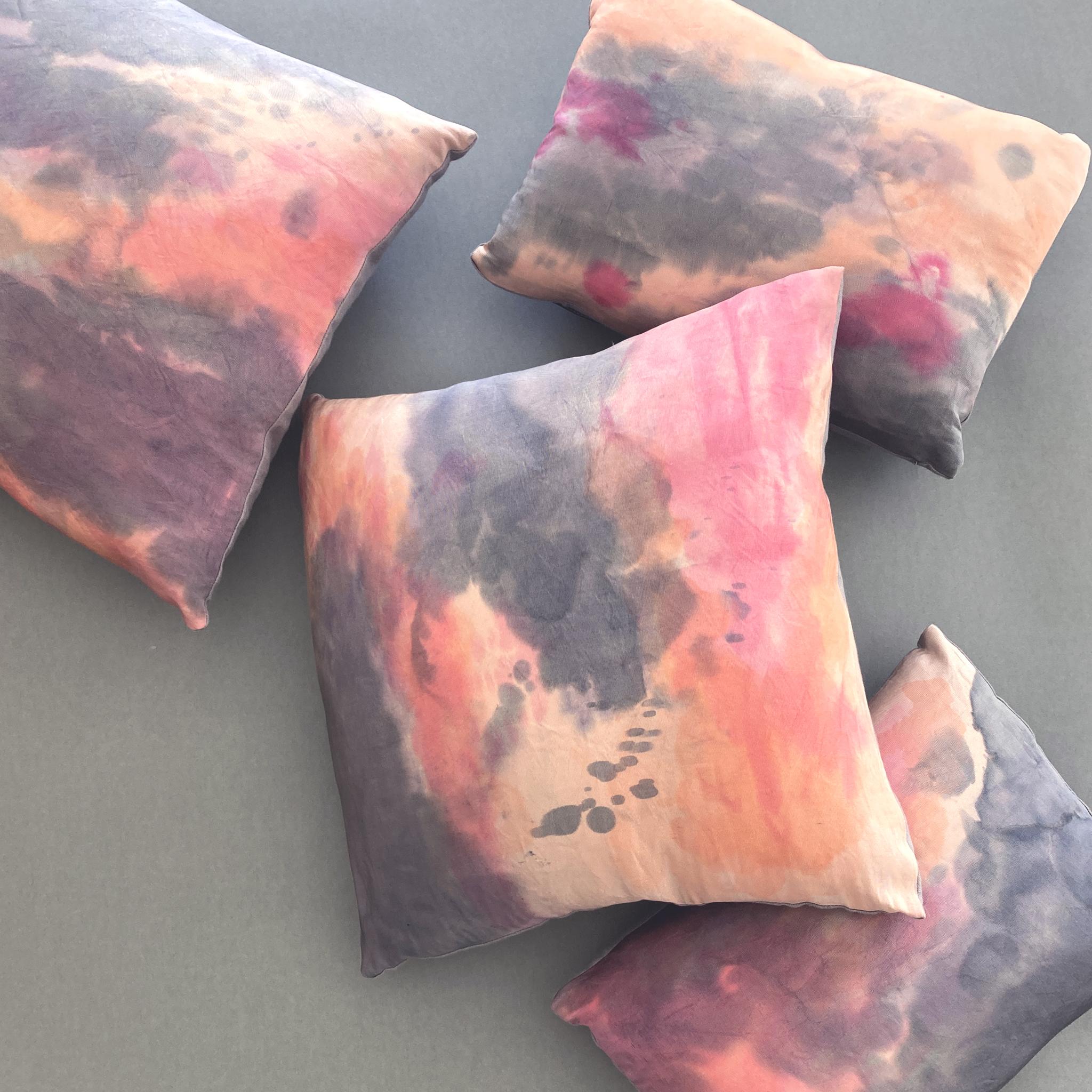 Dyed Hand Painted Silk Pillow, Abstract No.5, Peach Pink & Gray  For Sale