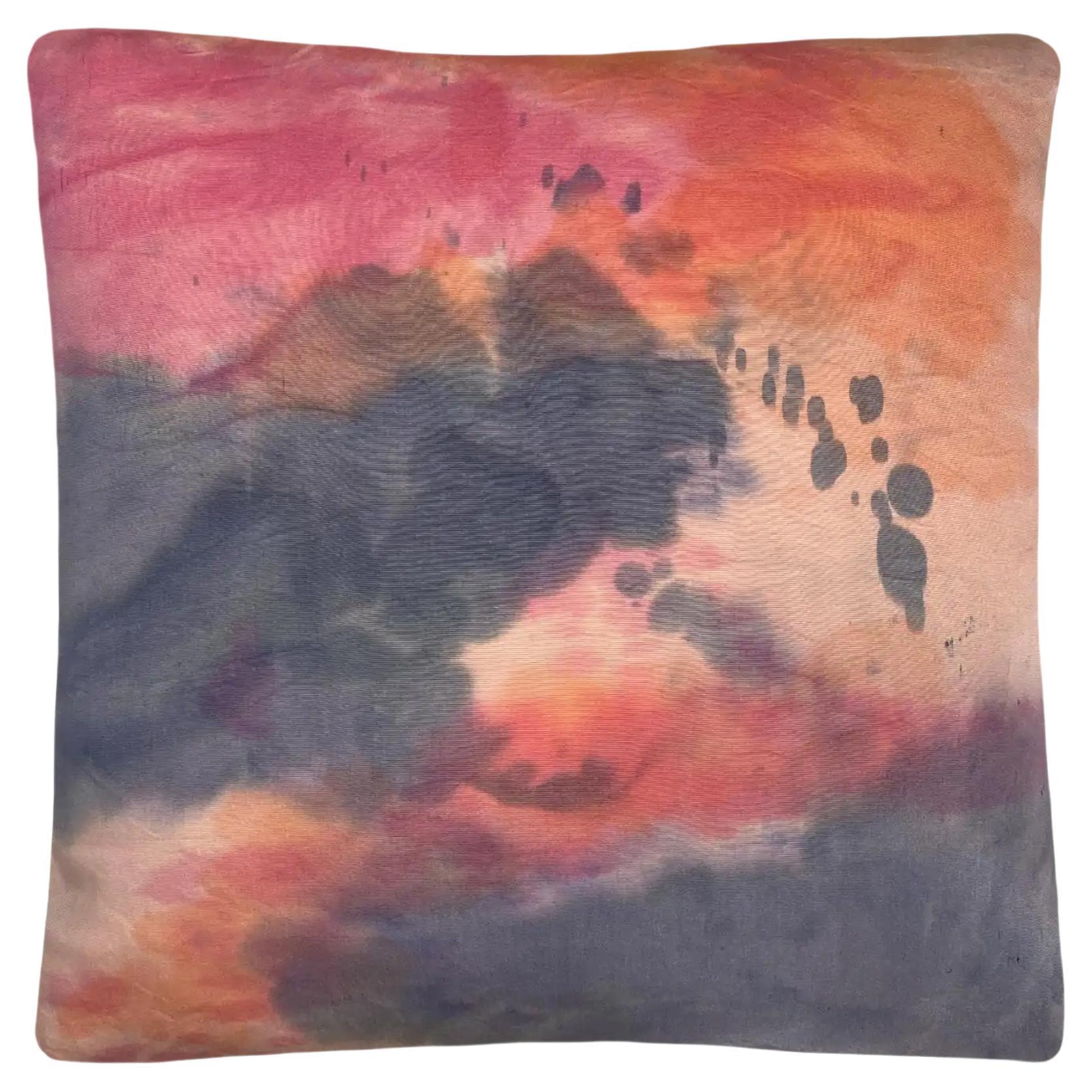 Almohada de seda pintada a mano, abstracta nº 5, rosa melocotón y gris