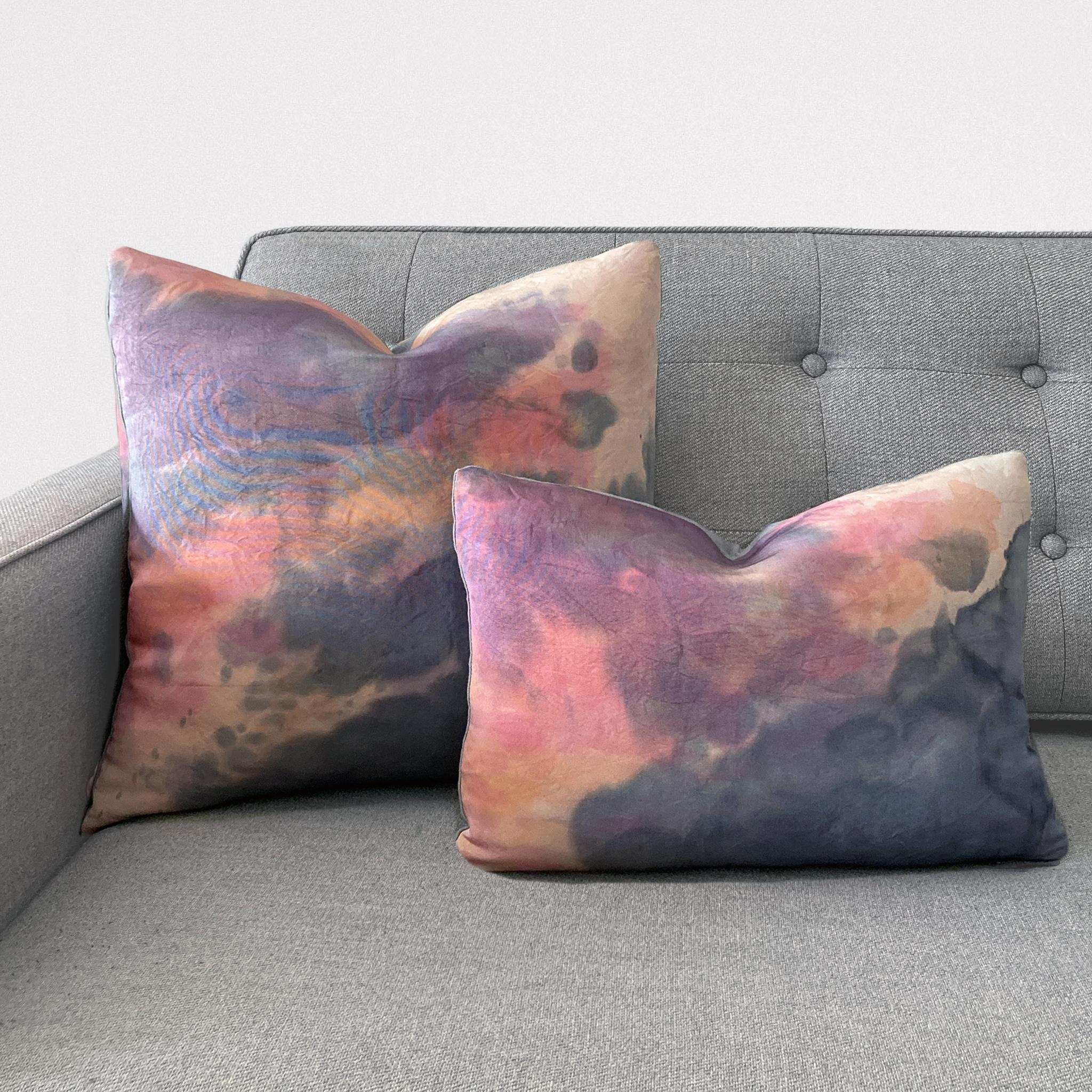 Modern Hand Painted Silk Pillow, Abstract No.6, Peach Pink & Gray For Sale