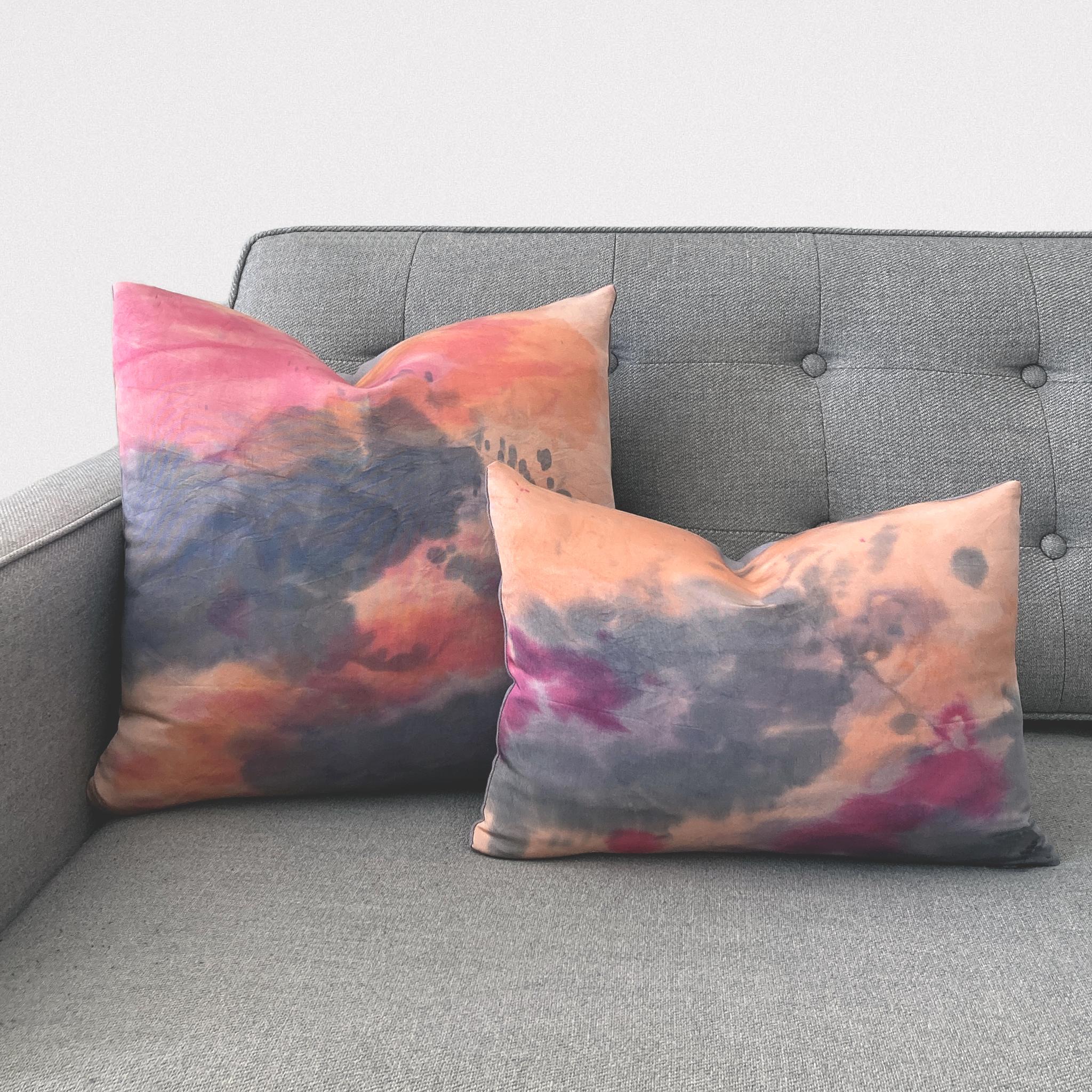 Blush silk faille pillow dyed with Magenta, Orange, and Gray in an abstract pattern with gray linen backing. Hand-painted and sewn in New York City, down pillow insert made locally in NYC. Pillow measures 12 x 16 inches. Each silk pillow is handmade