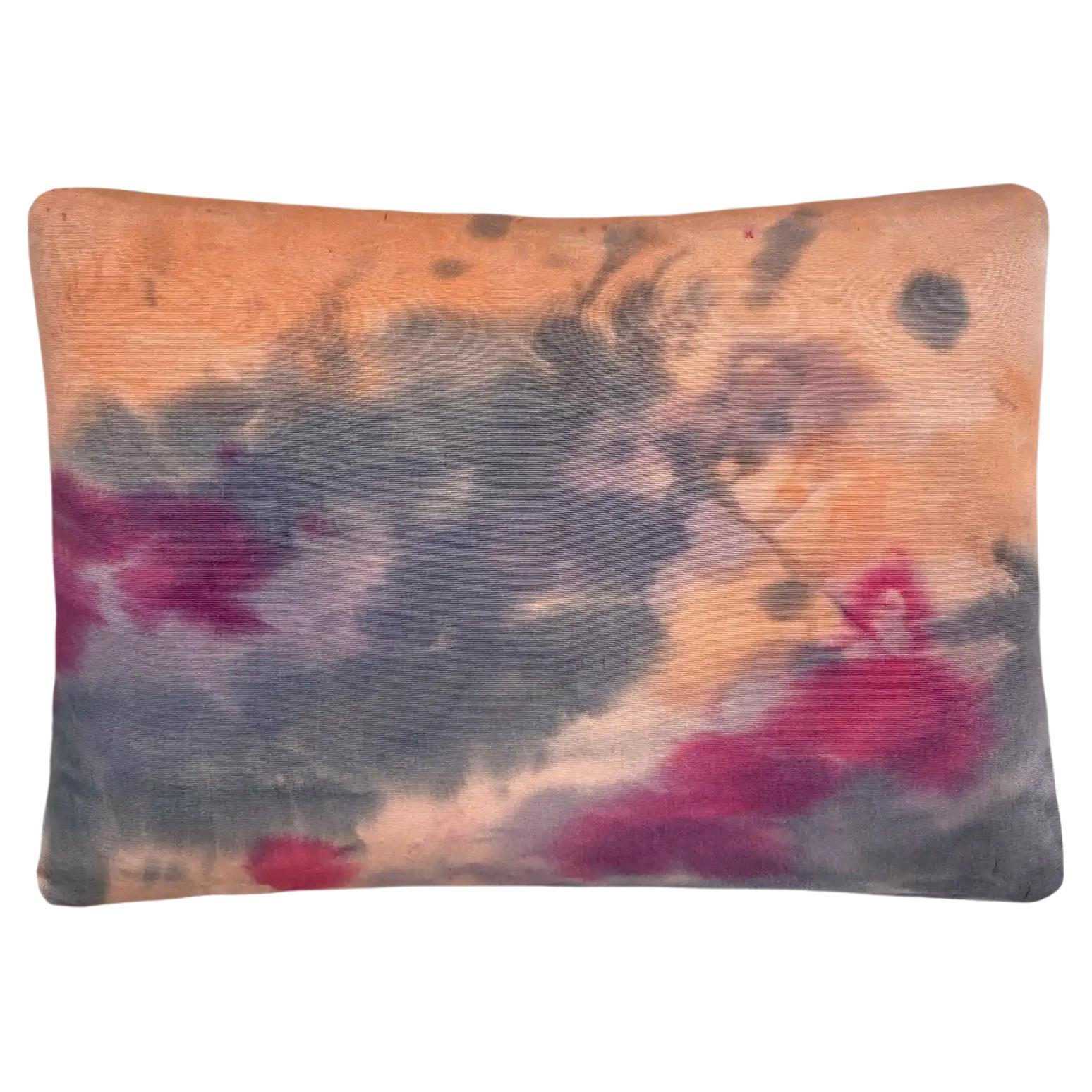 Cuscino in seta dipinto a mano, astratto n. 7, rosa pesca e grigio