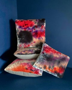 Hand Painted Silk Velvet Pillow, Abstract No.1, Pink Orange & Navy