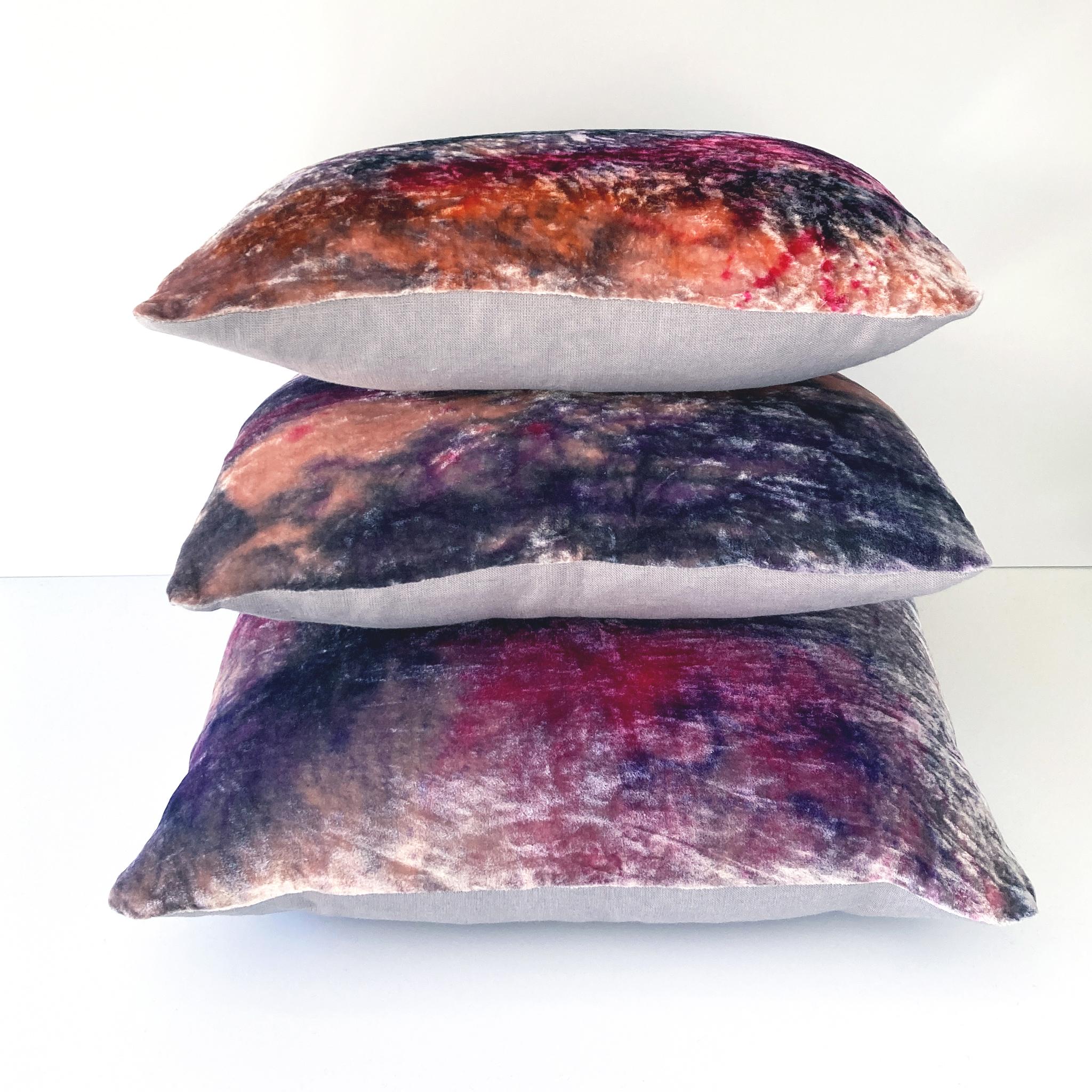 Hand Painted Silk Velvet Pillow, Abstract No.2, Pink Lilac & Navy  For Sale 3