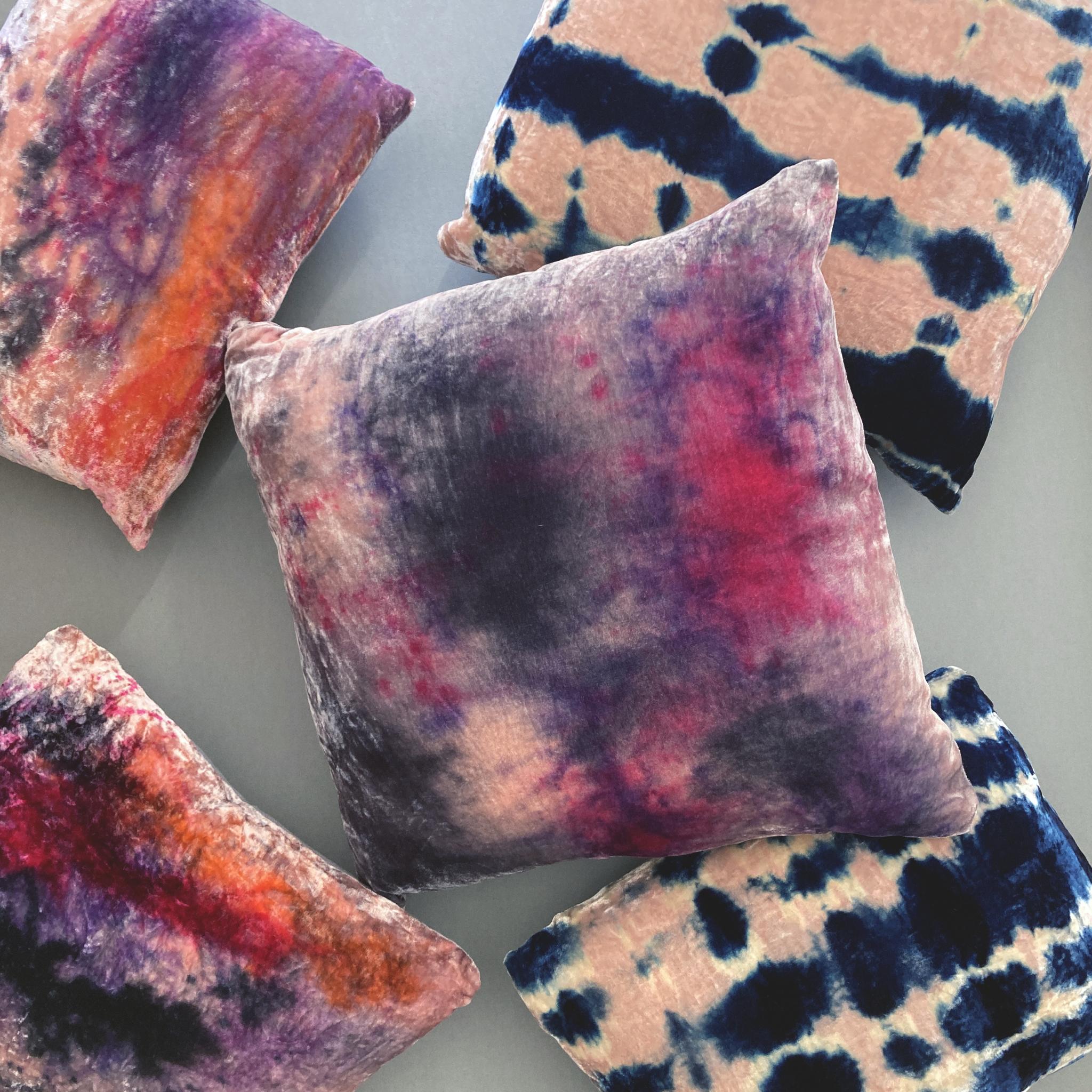 Rose velvet pillow dyed with Blush, Lilac, Navy and Magenta in an abstract pattern with gray linen backing. Hand-painted and sewn in New York City, down pillow insert made locally in NYC. Pillow measures 18 x 18 inches. Each velvet pillow is