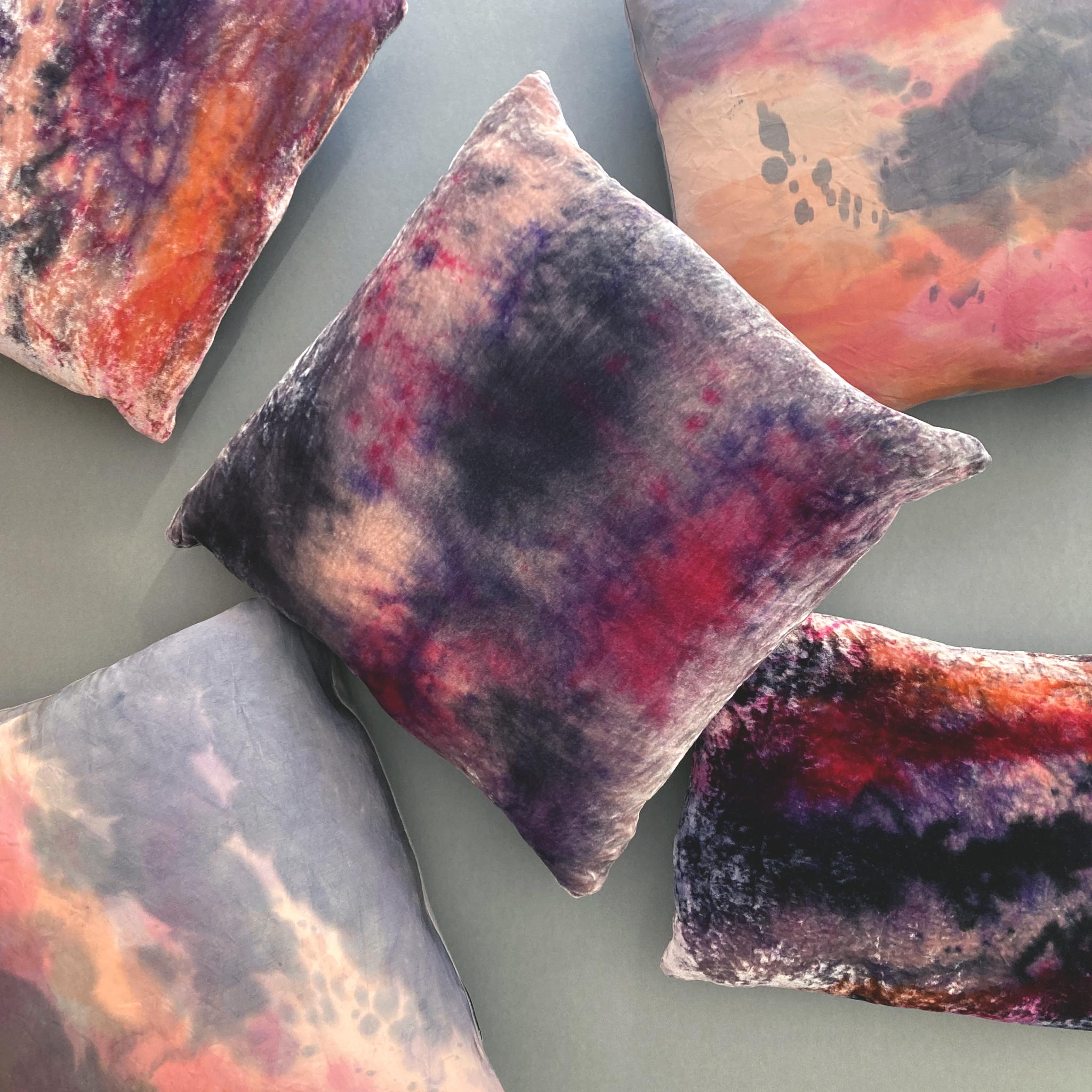 Dyed Hand Painted Silk Velvet Pillow, Abstract No.2, Pink Lilac & Navy  For Sale