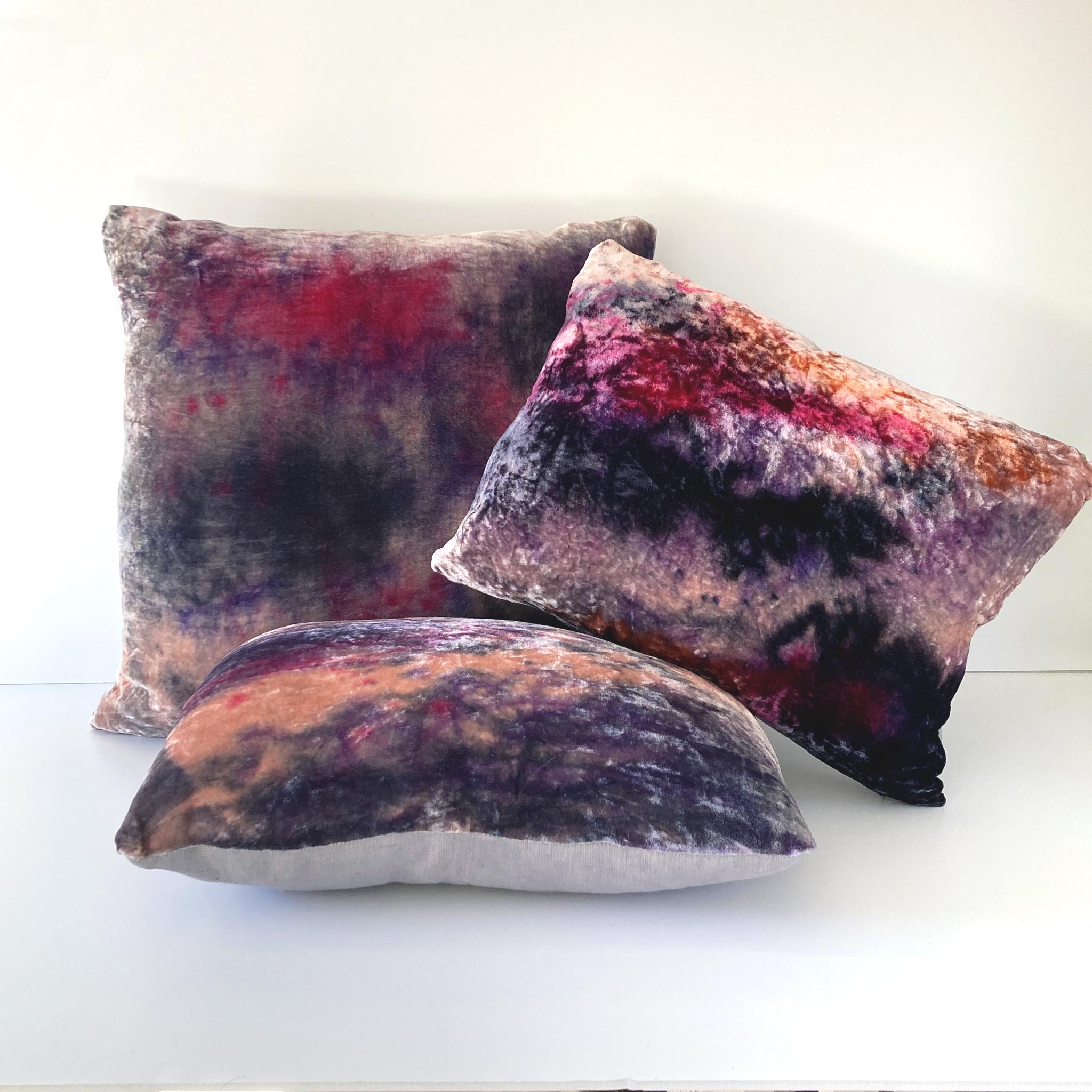 Contemporary Hand Painted Silk Velvet Pillow, Abstract No.2, Pink Lilac & Navy  For Sale