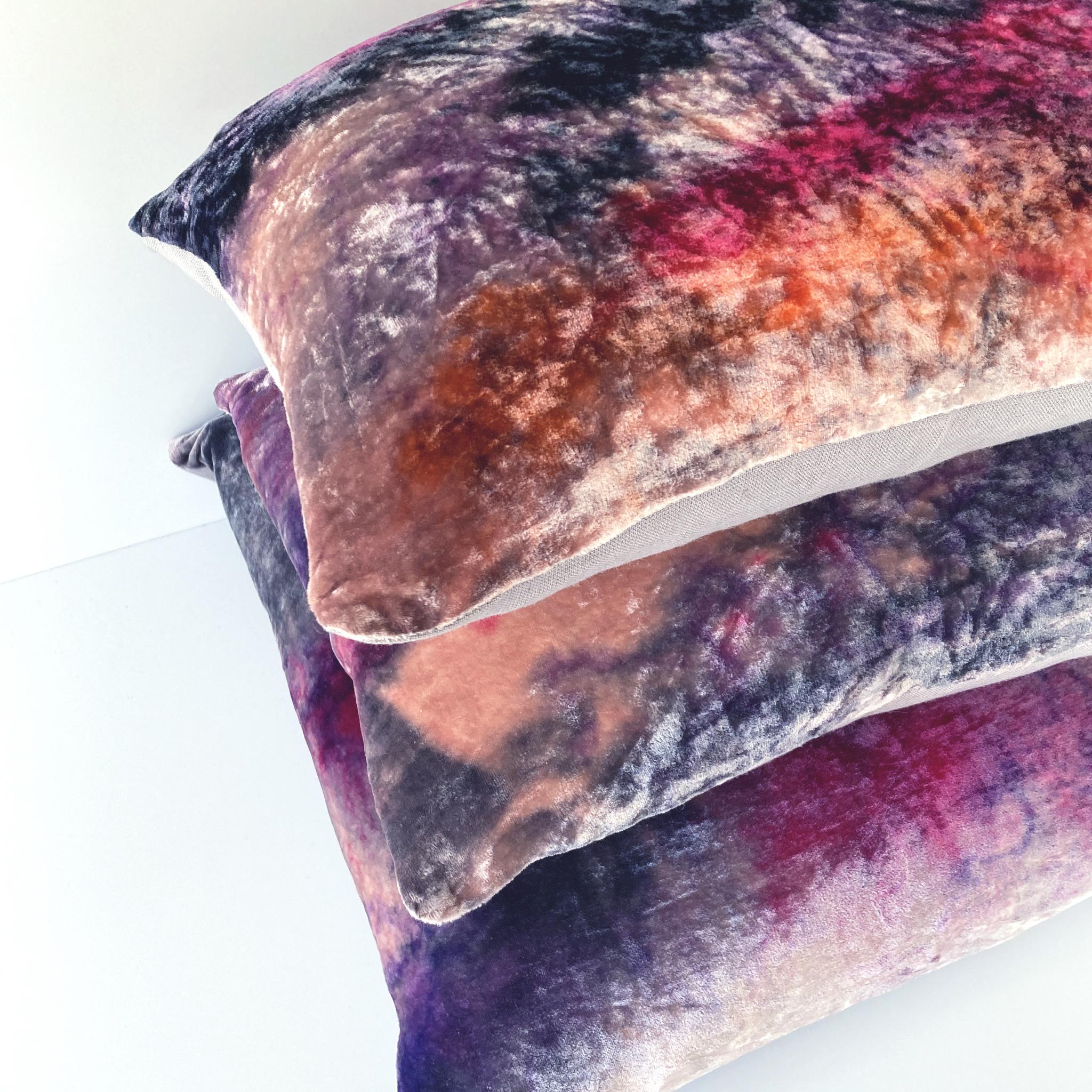 Hand Painted Silk Velvet Pillow, Abstract No.2, Pink Lilac & Navy  For Sale 2
