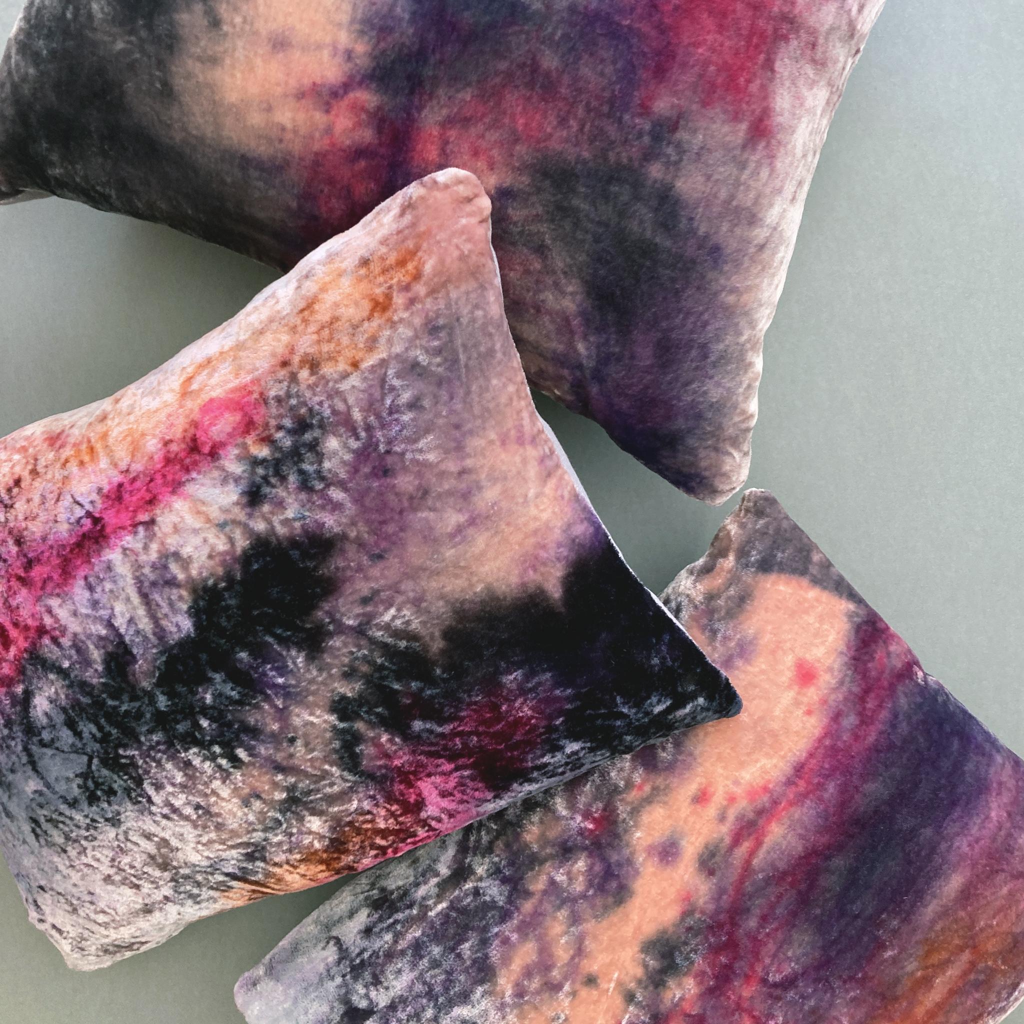 Rose velvet pillow dyed with Magenta, Lilac, Blush, Orange and Navy in an abstract pattern with gray linen backing. Hand-painted and sewn in New York City, down pillow insert made locally in NYC. Pillow measures 12 x 16 inches. Each velvet pillow is