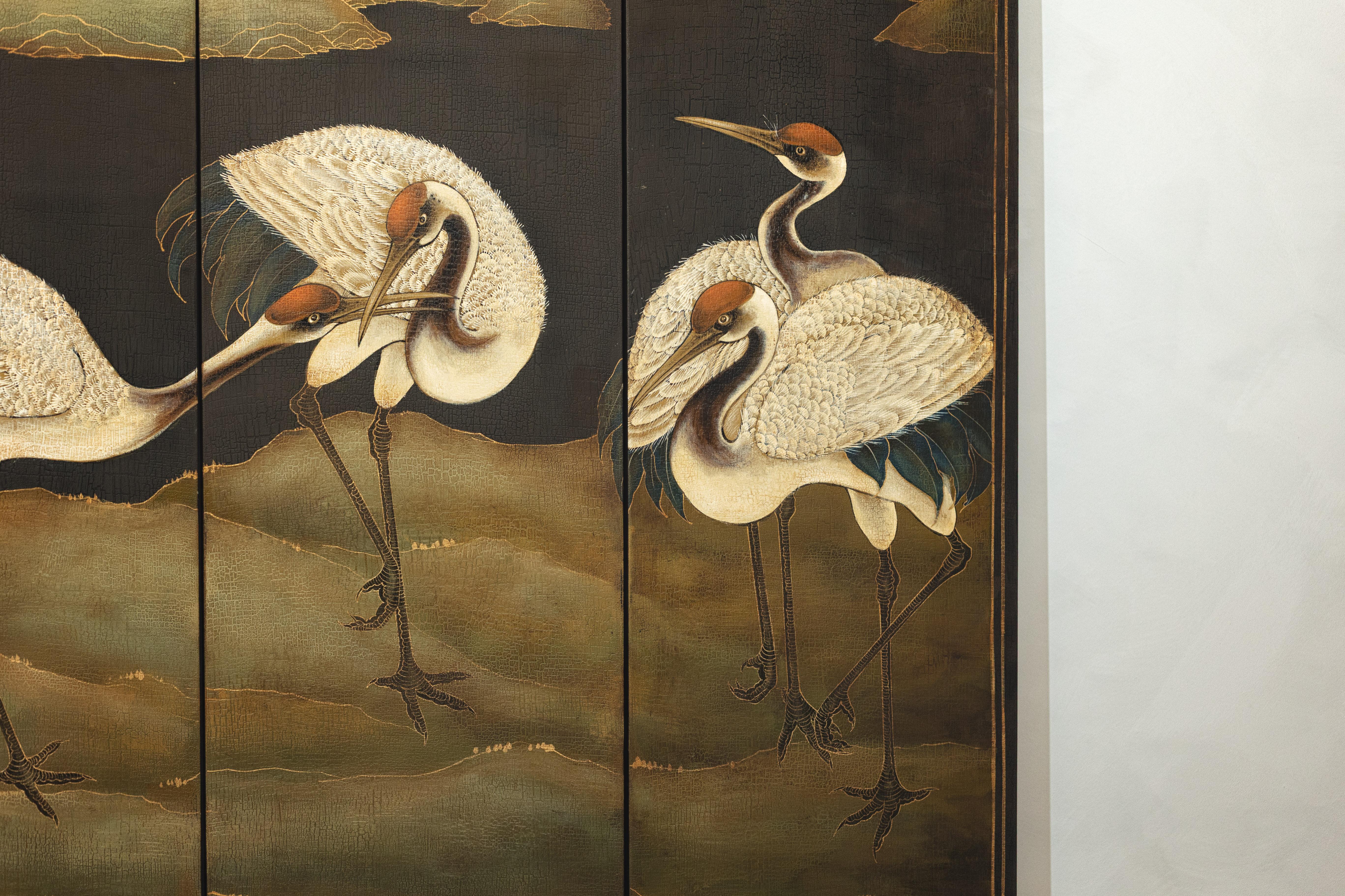 Hand-Painted Six-Panel Screen with Red-Crested Cranes and Gold Floral Reverse 4