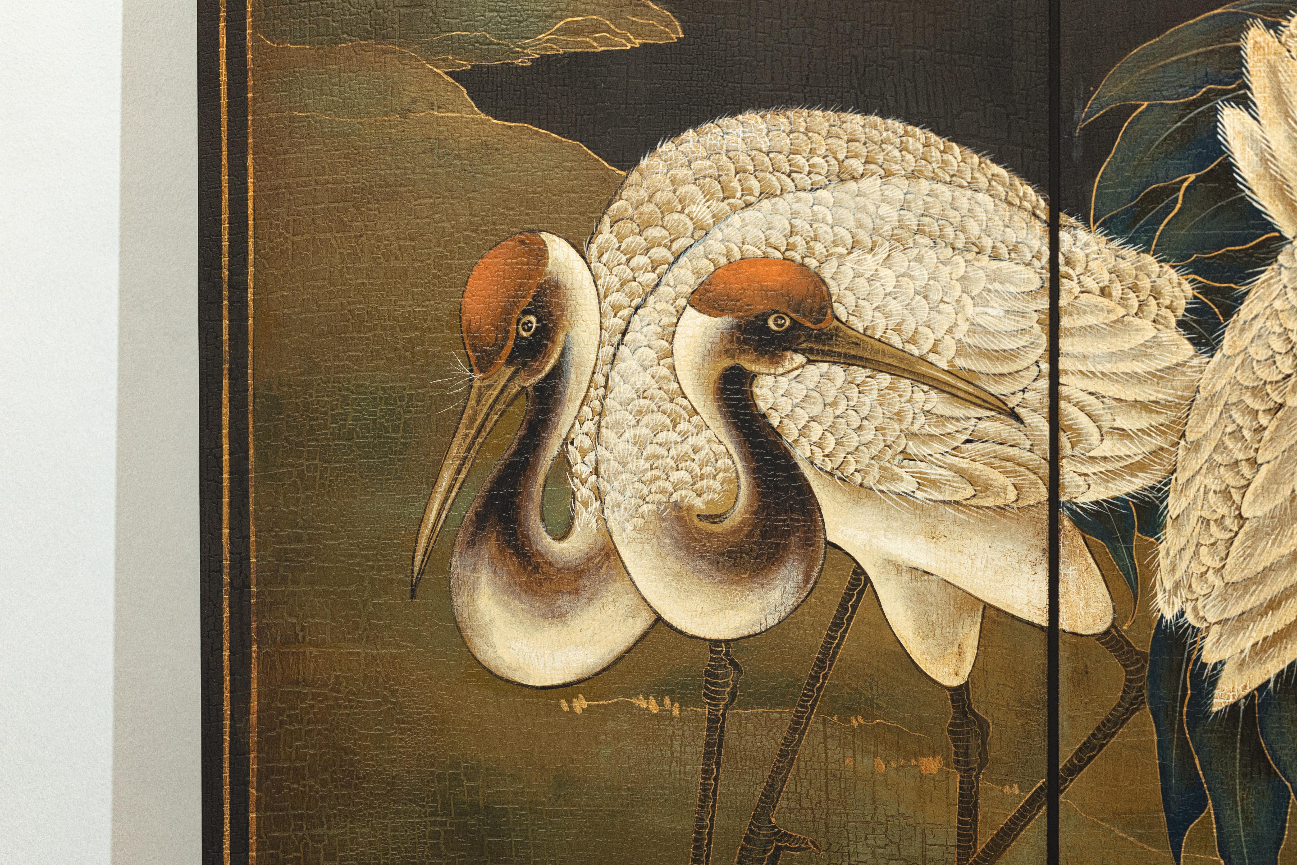 Hand-Painted Six-Panel Screen with Red-Crested Cranes and Gold Floral Reverse 5