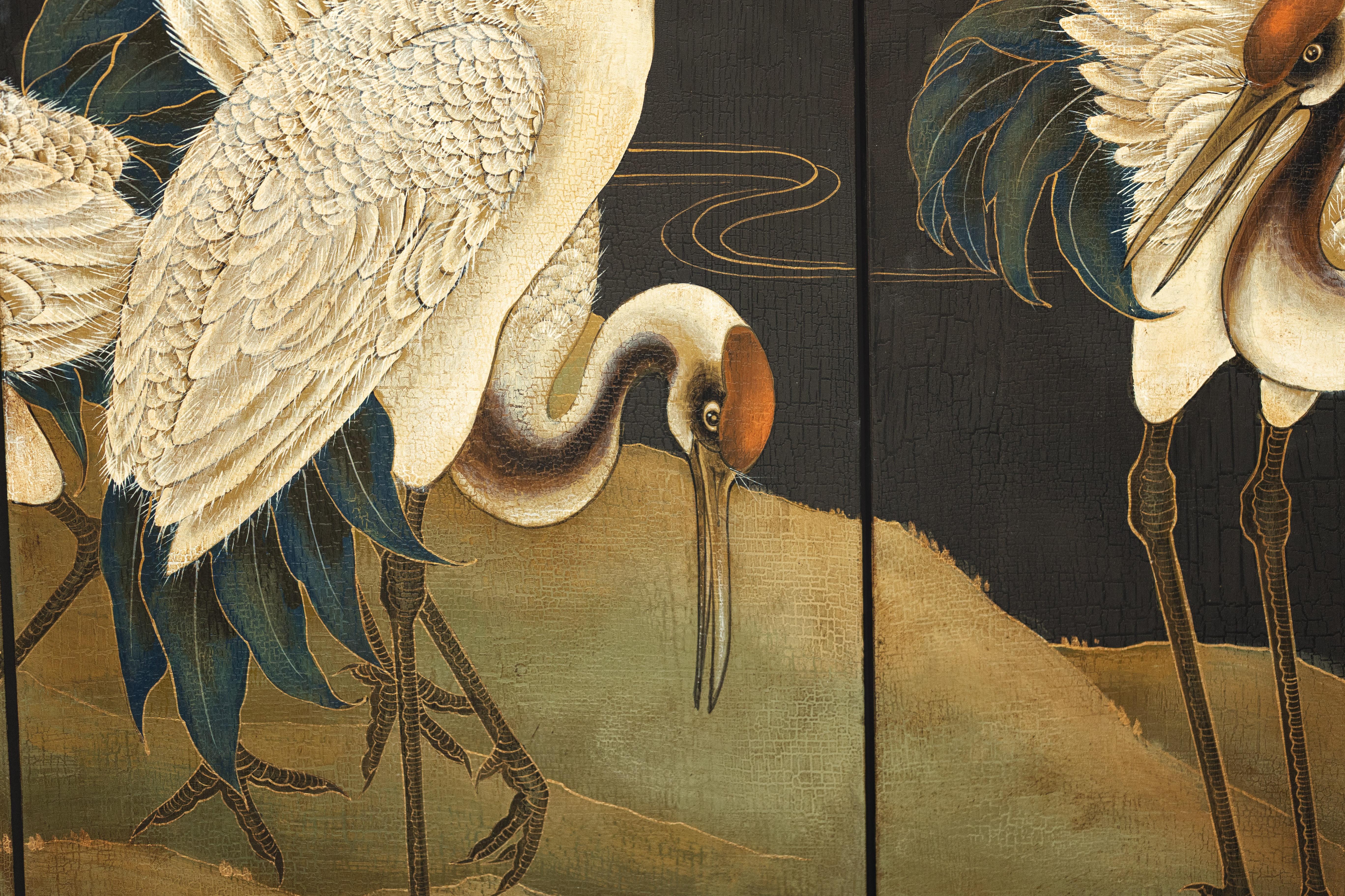 Hand-Painted Six-Panel Screen with Red-Crested Cranes and Gold Floral Reverse 6