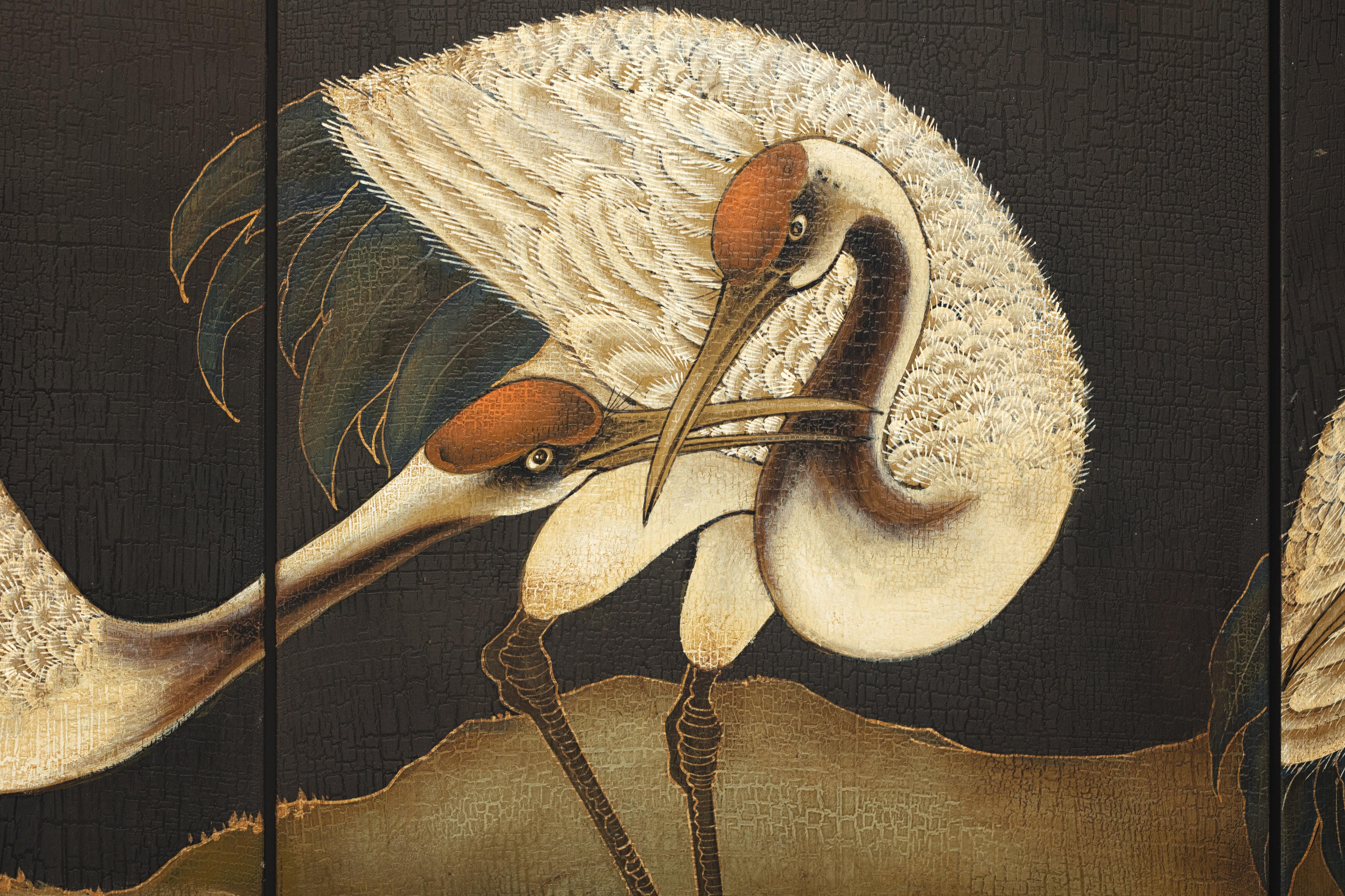Hand-Painted Six-Panel Screen with Red-Crested Cranes and Gold Floral Reverse 7