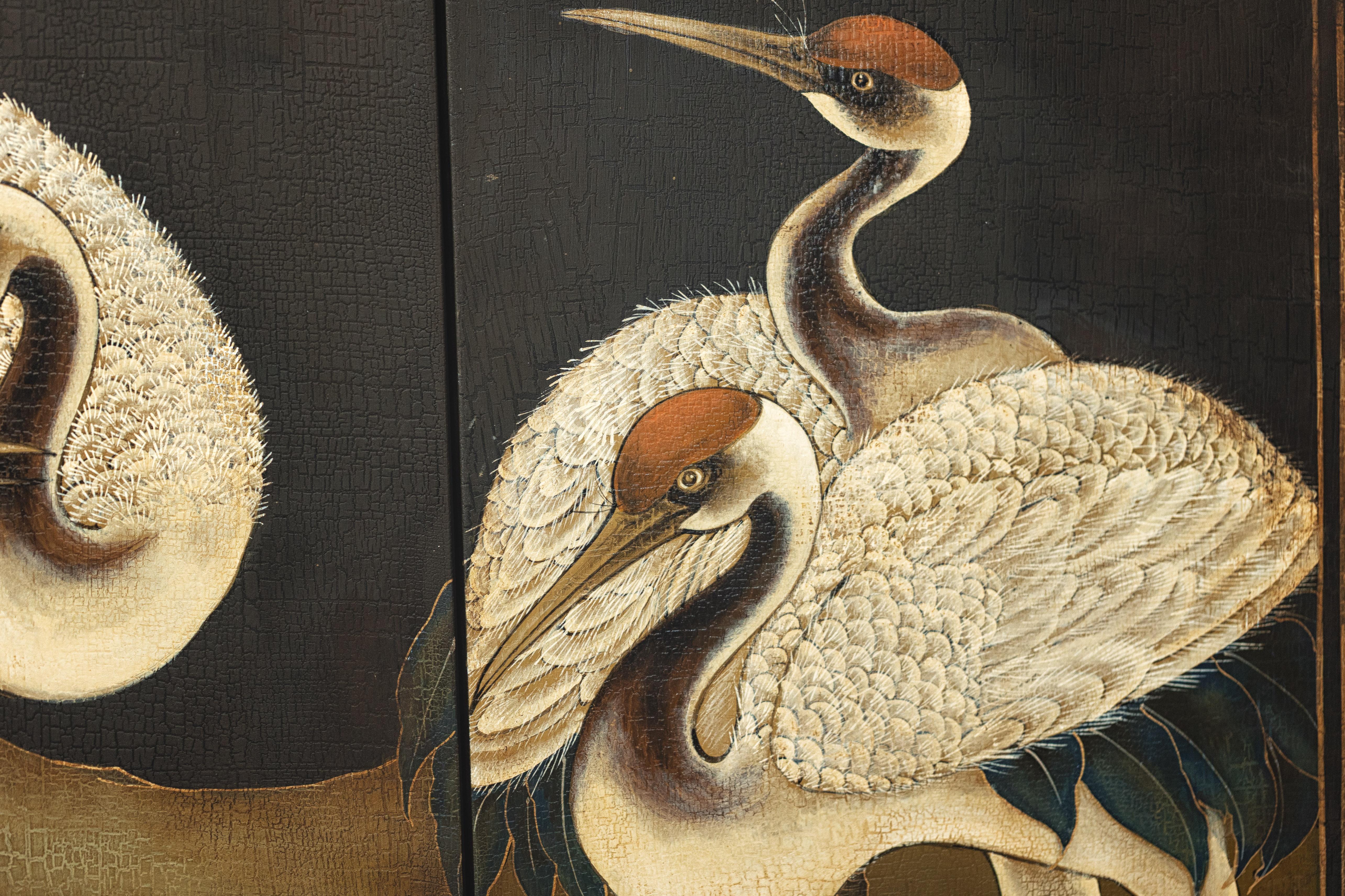 Hand-Painted Six-Panel Screen with Red-Crested Cranes and Gold Floral Reverse 8