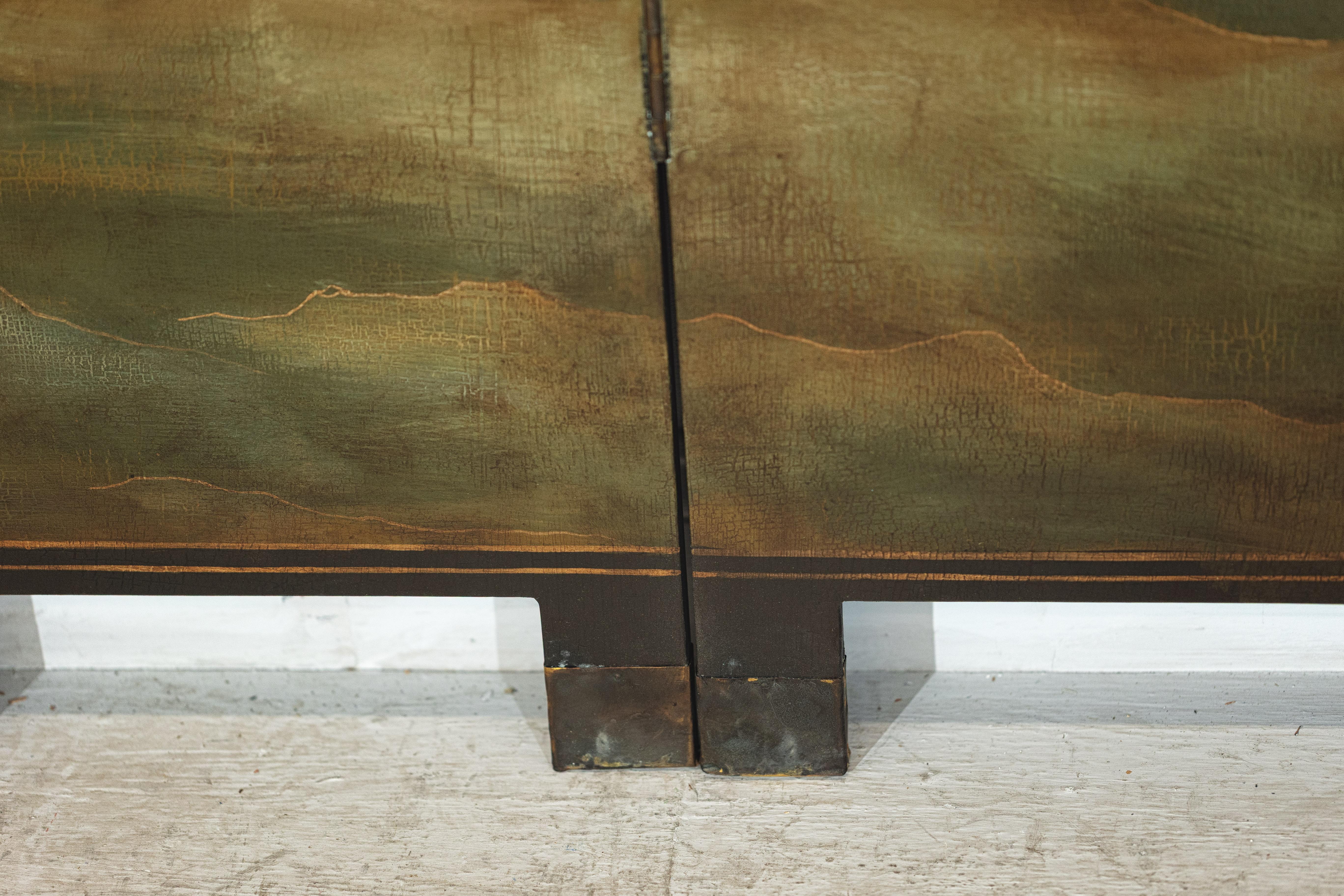 Hand-Painted Six-Panel Screen with Red-Crested Cranes and Gold Floral Reverse 9