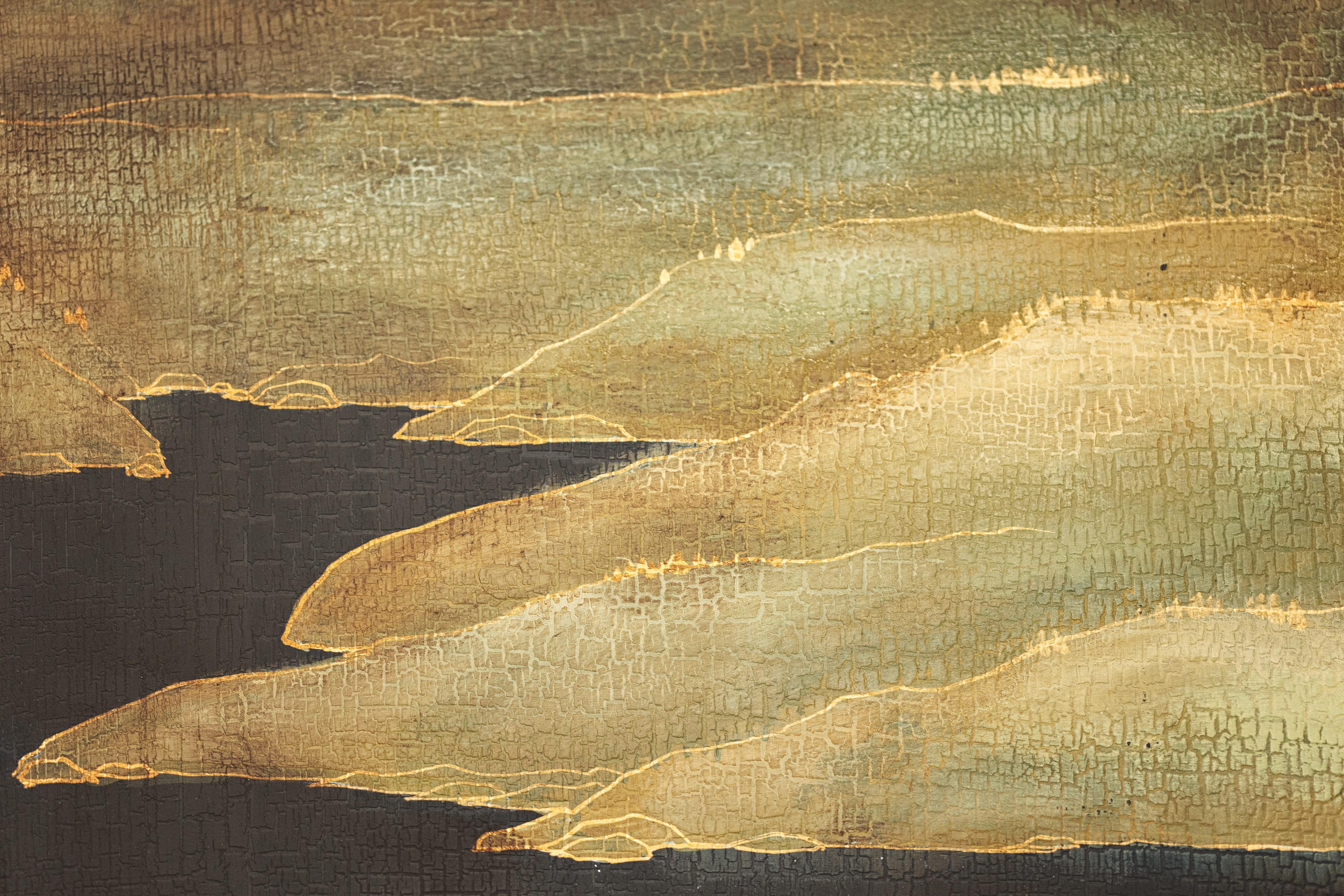 Hand-Painted Six-Panel Screen with Red-Crested Cranes and Gold Floral Reverse 10