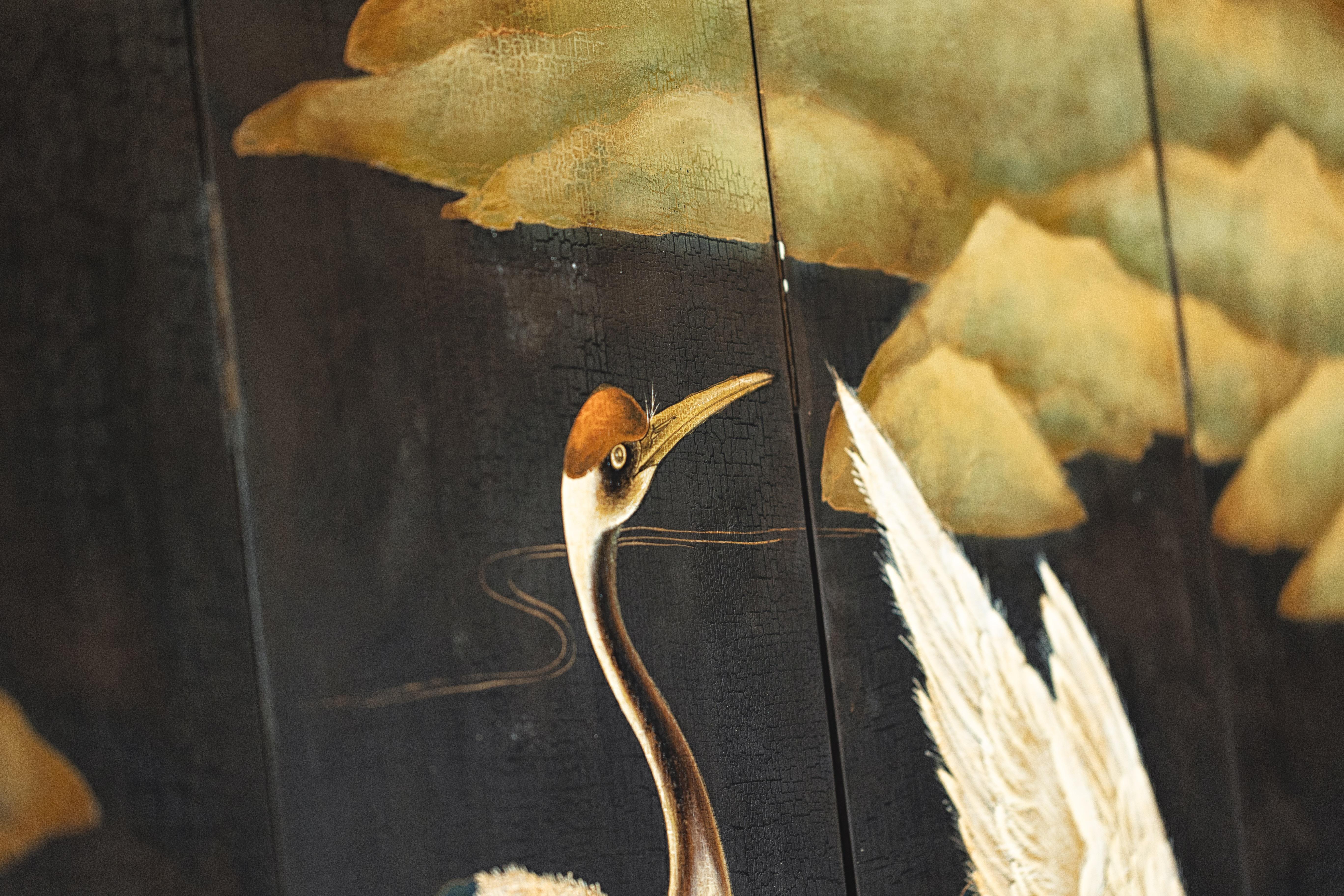Hand-Painted Six-Panel Screen with Red-Crested Cranes and Gold Floral Reverse 12
